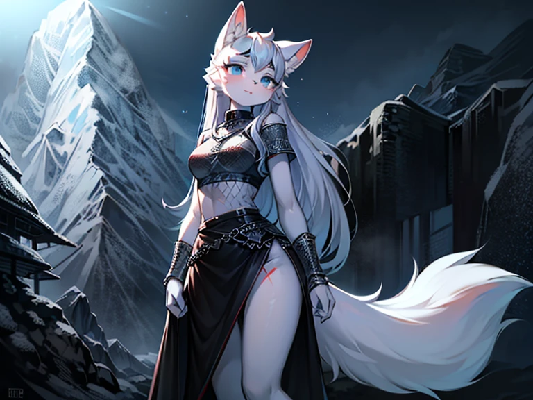 ( Absurdly , High quality , ultra detailed ) ,( hand detailed ) , 1girl, solo, mature, absurdres(highly detailed beautiful face and eyes)perfect anatomy Solo, Young Female white fox-cat (((lean-body))) (((medium breasts))) (short snout),(((fur (black stripe) between neck and shoulder towards chest))) ((fur (black stripes) on waist))(ears are darker), ((violet eyes)), (cat tail (black at end)), (white hair (single-braided)), ((female fox cat)), (detailed eyes), (clevedge, (collarbone, shoulders), (solo, (1girl)) ((((fluffy white fur)))), white hands, ((extremely detailed fur)) ((hair in face)) (big braid), (thin long tail) (extremely detailed eyes), white hands, happy, barefoot, short shorts, strapless blouse, small jacket, snow forest, cover page