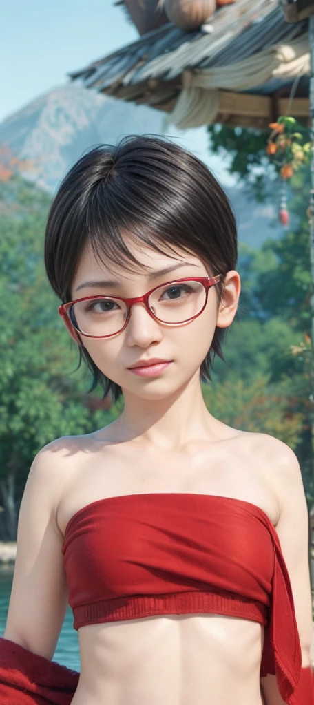 masterpiece, best quality, (realistic,photo-realistic:1.4), (RAW photo:1.2), extremely detailed CG unity 8k wallpaper, delicate and beautiful, amazing,finely detail, official art, absurdres, incredibly absurdres, huge filesize, ultra-detailed,extremely detailed eyes and face,light on face,sarada,(little smile),(black hair:1.4),(short hair:1.6),(wearing underwear:1.5),window,(wearing red framed glasses:1.4),(small breast:1.3),yellow scarf
