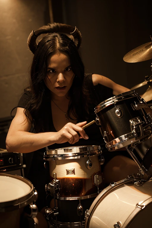 Dark room with drums in the middle, with a girl with small demonic horns and tattoos standing. The girl's only clothes are a short skirt, and on the chest there is a tattoo with words "freedrvana band poster on the wall