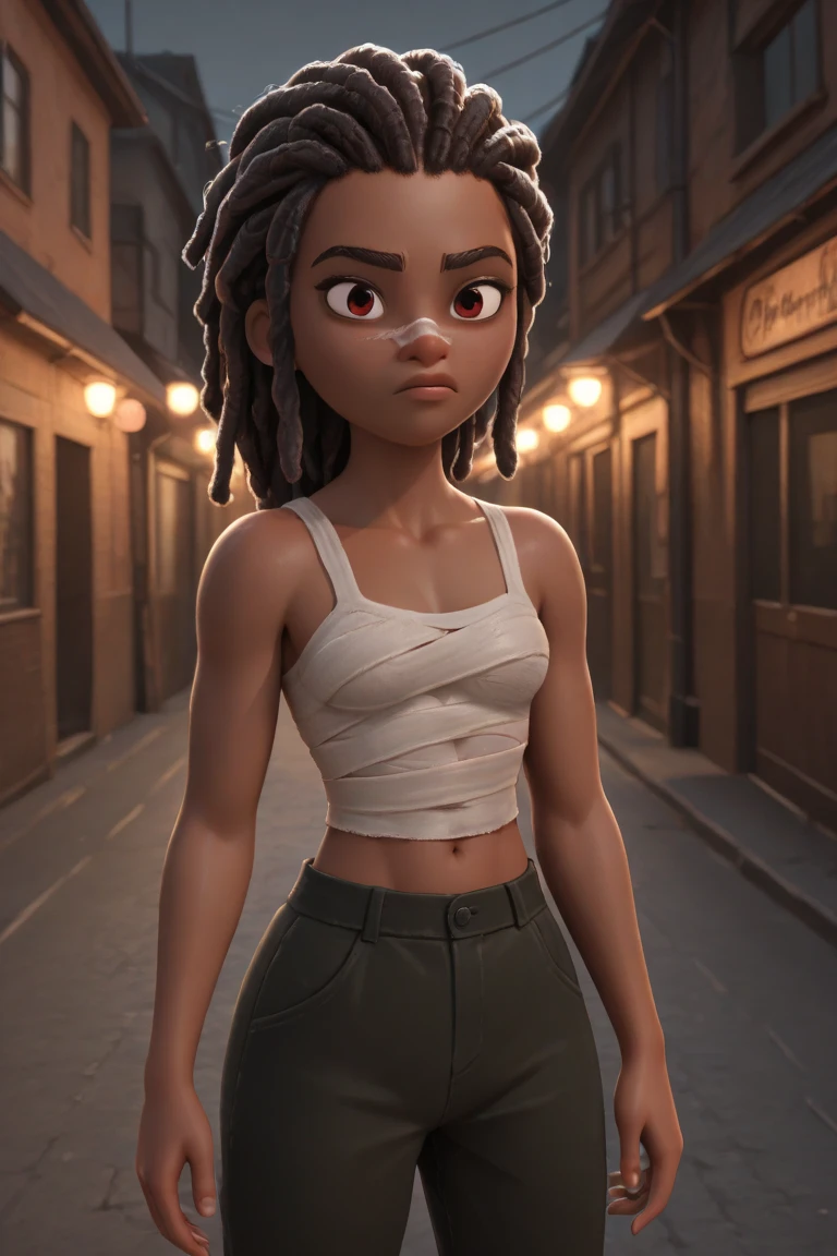 Skinny black teen, wearing simple clothes with a demon's tail and horn standing at the crossroads of a cemetery around him catches fire
