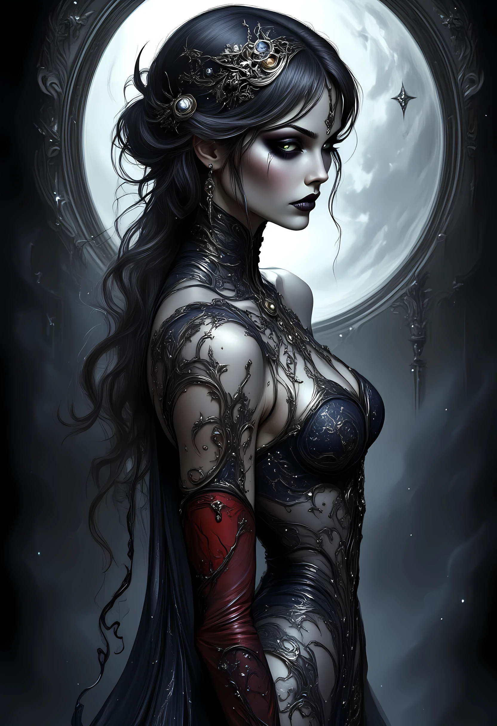 a picture of an epic beautiful female vampire, ghostly beauty, wearing transluminescent dress, black silk dress, intricate dress, transluminescent dress, transparent dress, red sleeves, epic beautiful female vampire, pale skin perfect body, ghostly beauty, serene beauty, lush hair, long hair, red glowing eyes, vampire fangs, stars entwined in the woman's hair, light caress the woman, moon light caress the dress, fantasy art, night time, the moon rises, creating award winning, photorealism, depth of field, hyper realistic, zavy-ctcmcs, Celestial Fantasy, dnddarkestfantasy, Art Deco, hyp3rd3tail style, Ethereal Gothic Elegance, cc_dark fantasy