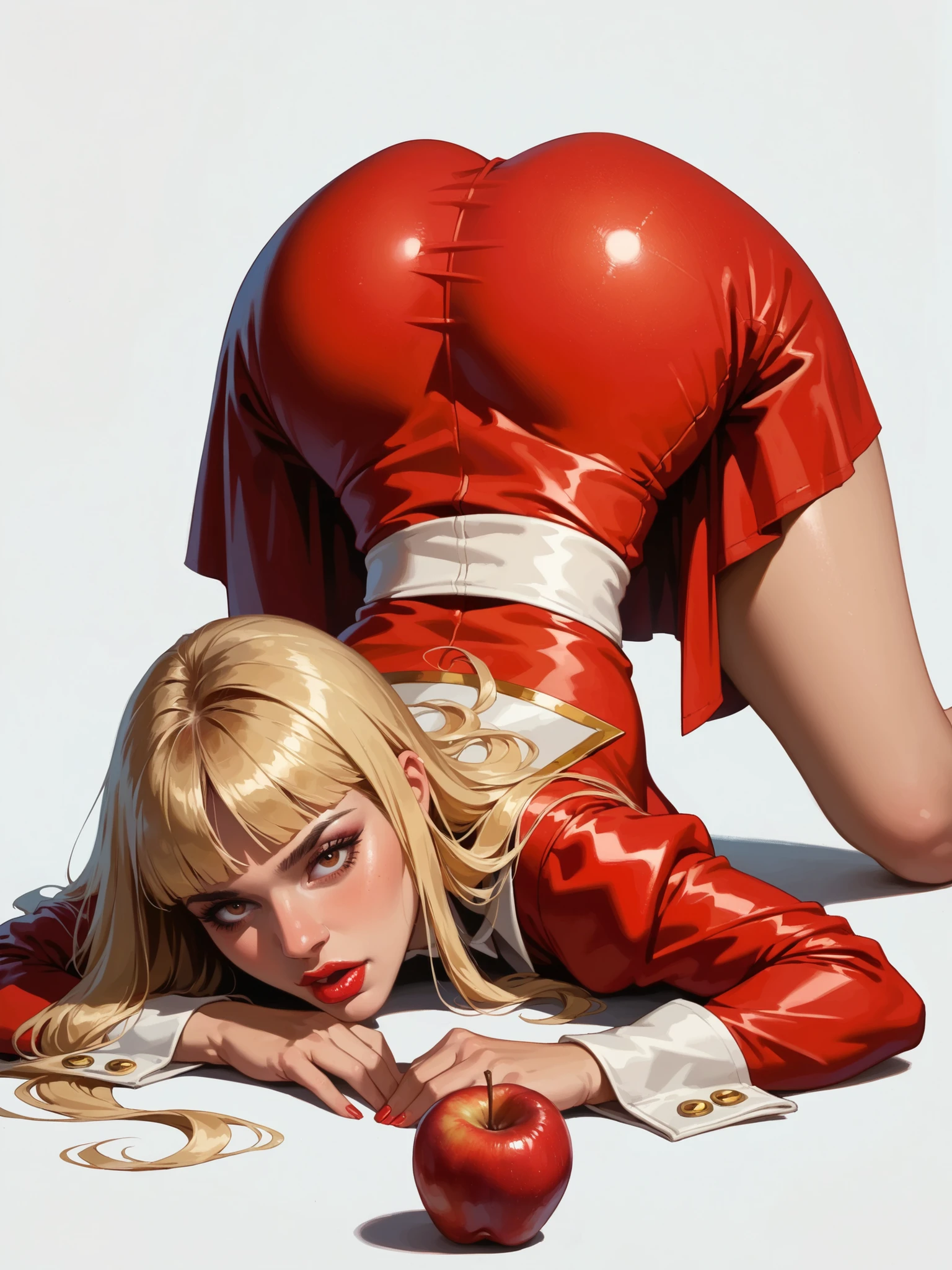 score_9, score_8_up, score_7_up, cartoon of Snowhite in her classic white red and blue revealing short dress (nsfw) eating an apple in a seductive way , solo, sexy, slutty, brown skin, brown eyes, blonde hair, straight hair, dress like Vampirella, big breast, laying, face down ass up, lift ass up, bubble ass, moaning, full body, side view, white background