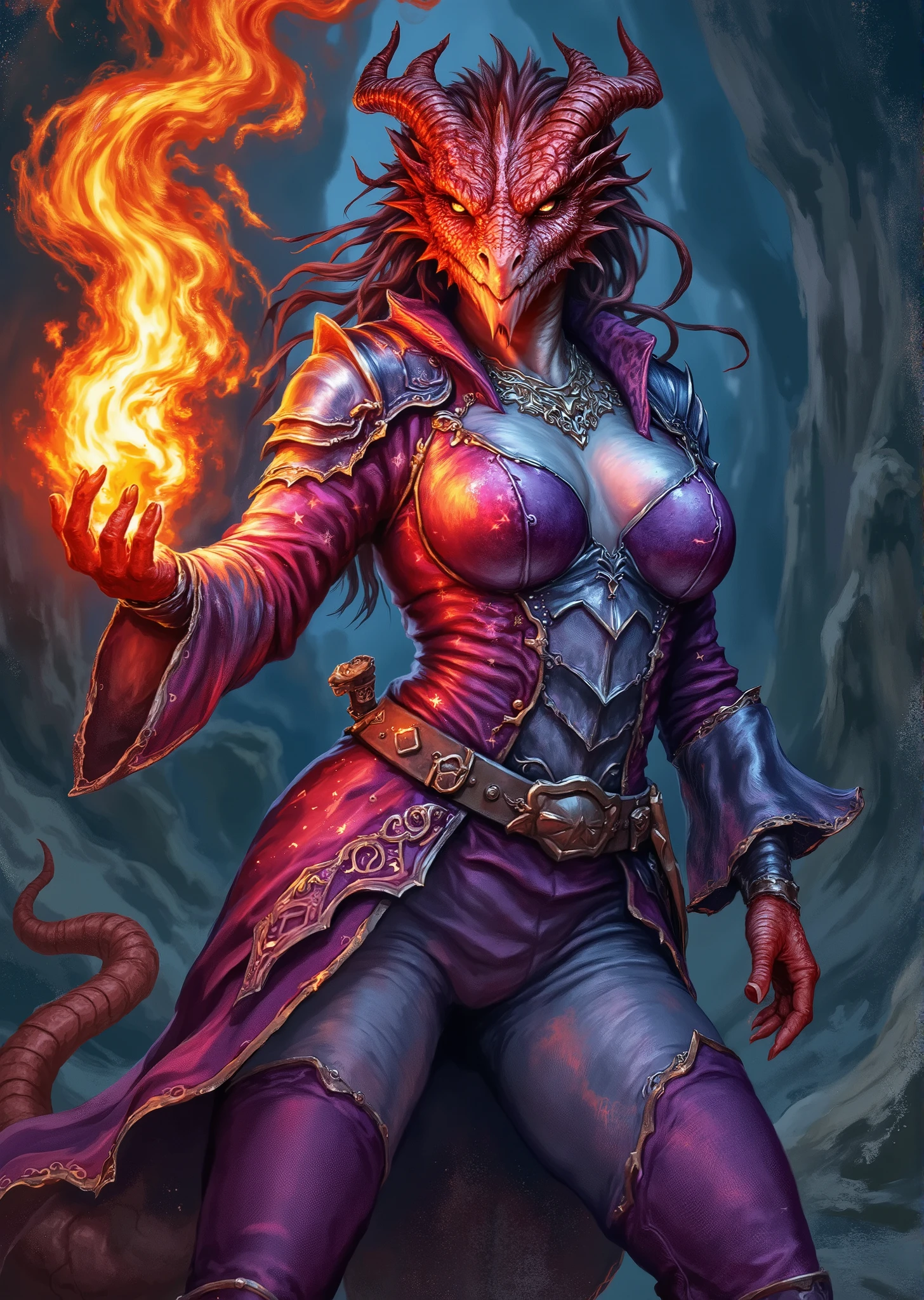 An extremely detailed comic book illustration of an extremely curvaceous Chromatic Red Dragonborn from Dungeons and Dragons which look like wingless bipedal dragons scaly bright-eyed and thick-boned with horns on their heads with red coloration trained as a Dungeons and Dragons Evoker Wizard capable of wielding explosive fire arcing lightning subtle deception and spectacular transformations able to conjures monsters from other planes of existence glimpses the future and form protective barriers taking a scholarly approach to magic whose studies focus on magic that creates powerful elemental effects such as bitter cold searing flame rolling thunder crackling lightning and burning acid presenting a vibrant and dynamic appearance embodying the essence of a powerful sorceress reflecting her magical abilities wearing a long flowing robe featuring intricate patterns representing stars or mystical symbols enhancing its magical appearance with wide bell-shaped sleeves flowing gracefully lined with a contrasting color adding depth to her outfit over a fitted tunic that complements her figure a wide belt that cinches her robe featuring pouches adorned with decorative buckles that match her overall aesthetic with fitted trousers with flames in one hand showcasing her magical prowess and emphasizing her power her outfit combines elements of traditional wizardry with vibrant colors and magical motifs embodying a character who is both powerful and enchanting ready to wield her magic with flair in an art style inspired by Frank Miller and Conan the Barbarian. The background is awash in brushstrokes in mystical tones. Standing in a dynamic action pose. Trending on Art Station.