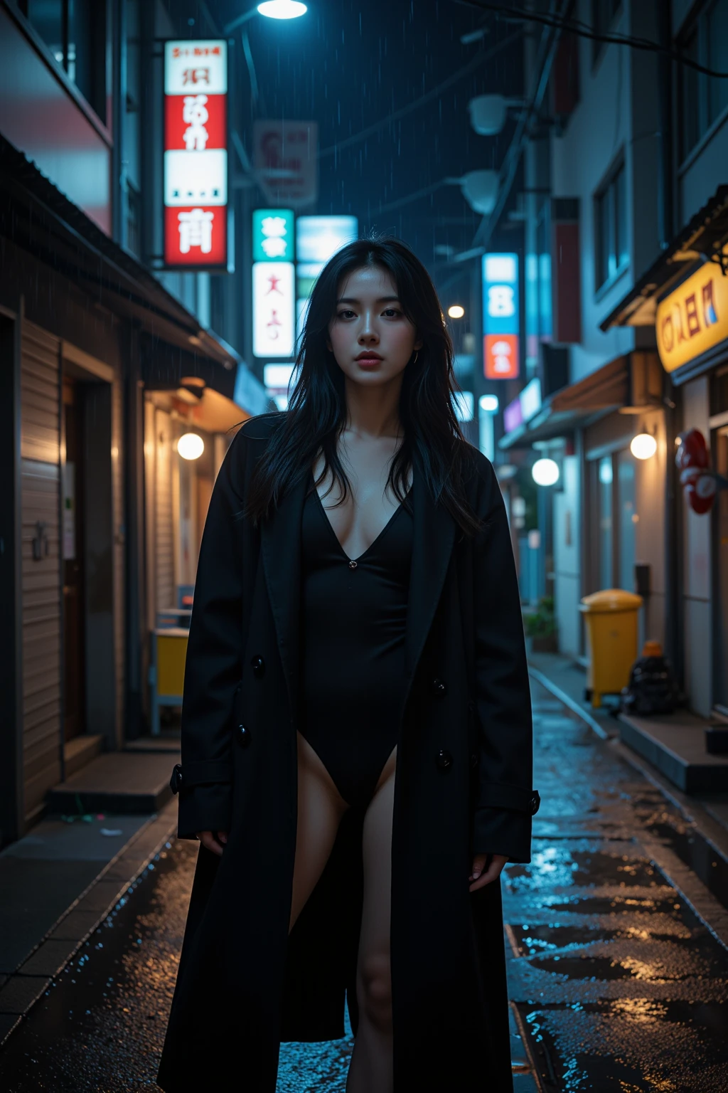 masterpiece, Highest quality,dnfSpectre, Earrings, Cleavage, Black jacket, Black leotard, pantyhose, Black gloves, sunglasses, night, Abandoned City, Large Breasts,(Browsing Caution:1.0),((Long white hair))