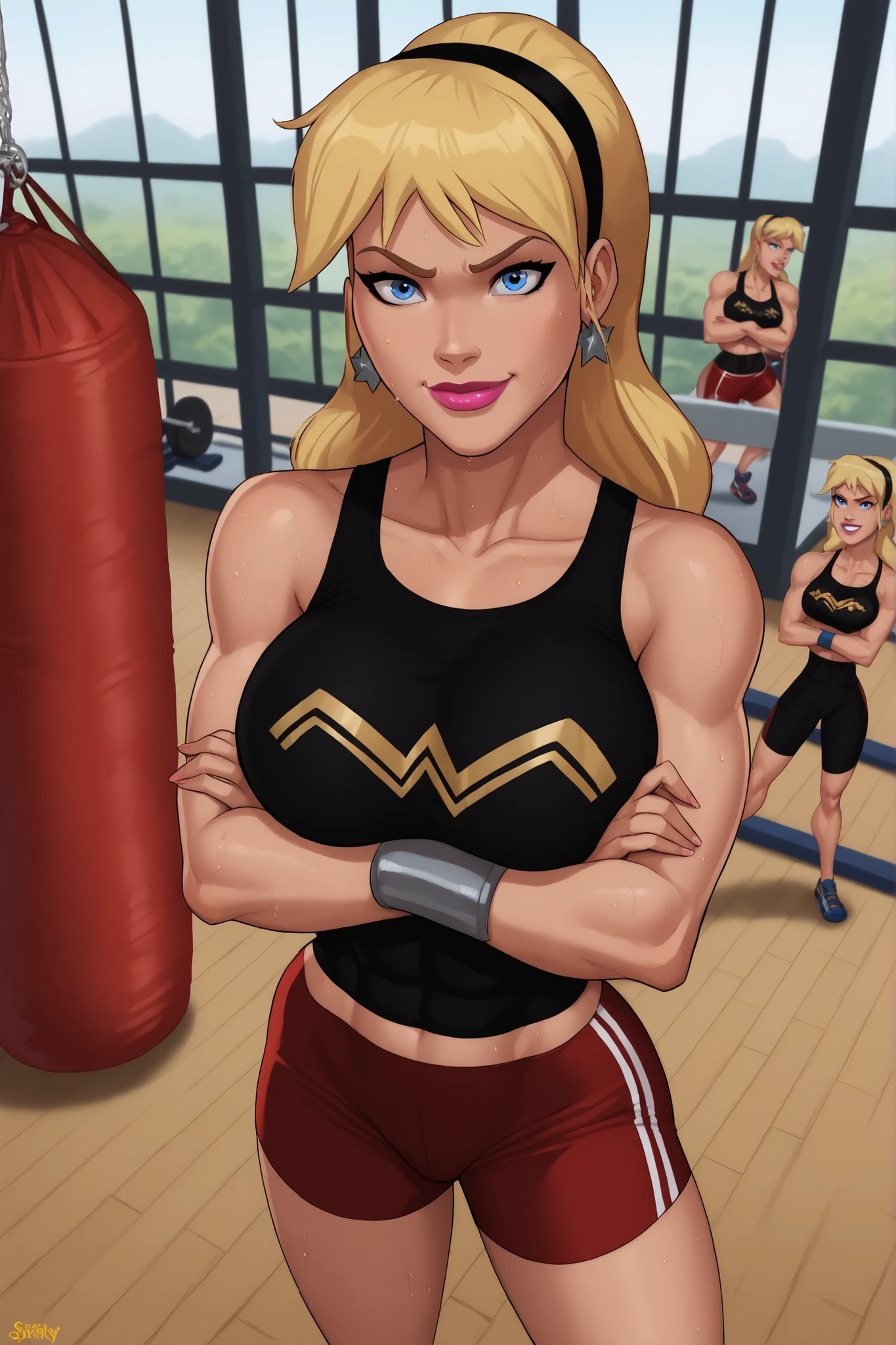 safe_pos, PonyXLV6_Scores BREAK (((parody style, parody:1.2)), perfect anatomy, cowboy shot) 1girl, blonde hair, blue eyes, ((looking at viewer)), hairband, star earrings, curvy, athletic, indoors, black racerback sports bra, red spandex shorts, large breasts, smiling, closed mouth, standing, bright pink lipstick, happy expression, gym, punching bag, arms crossed, crossed arms, high-angle view, sweaty, sweat drops