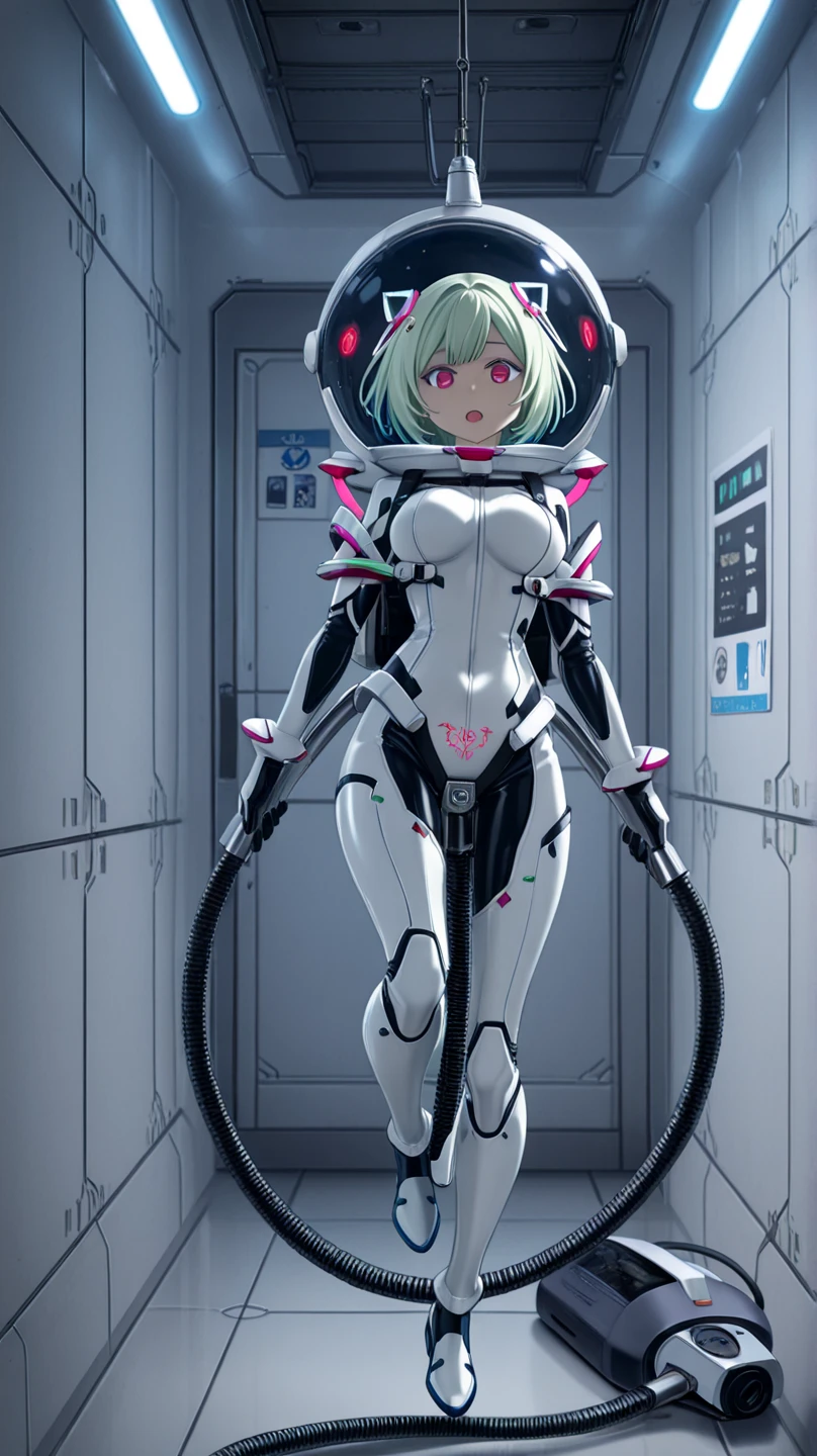 {((1woman))}, only she is {((wearing white mechanical suit with extremely tight and transparent black mechanical parts on her body)), she has ((extremely big breasts)), only she has ((very pink hair short, green eyes)), ((erotic pose)), only she is smiling and staring at the viewer, ((in a spaceship near the sun, window, teleport, robots in the background, equipment, machines on the walls))}, ((full body):1.5), 16k, best quality, best resolution, best sharpness