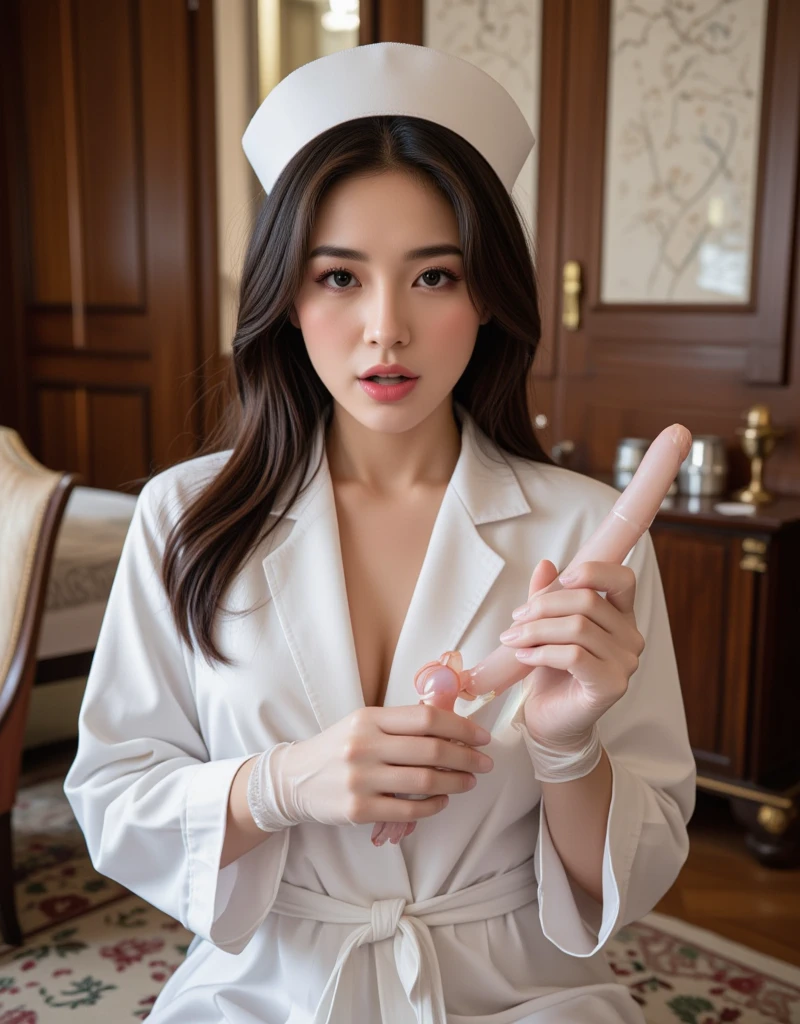 ((Best Quality, 8K, Masterpiece: 1.3)), Sharp: 1.2, Perfect Body Beauty: 1.4, Big Breasts,cute girl,((nurse)),Nurse Cosplay,Highly detailed face and skin texture, detailed eyes, double eyelids,(in a hospital),((blowjob)),drooling,topless,cum in breasts