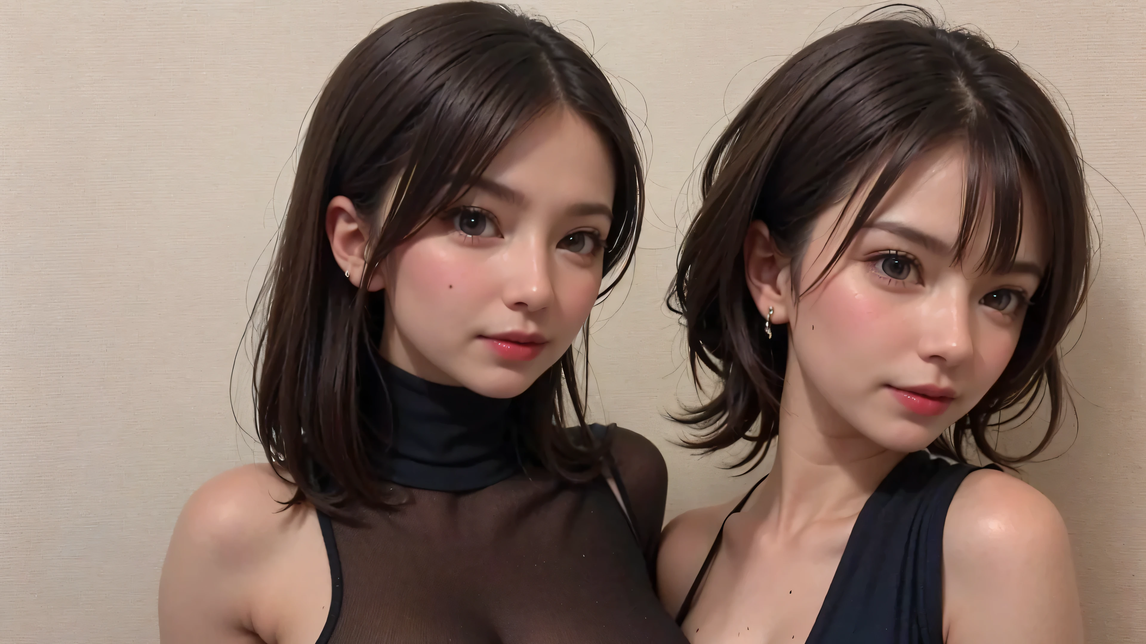 Top Quality, Masterpiece, Ultra High Resolution, Photorealistic, 1 Girl, Off Shoulder, Knit, Smile, Smile, Slightly Visible, oversized_sweater, Soft Lighting, Detailed Skin, Bangs, Black Hair, Clear Eyes, Short Bob Hair, Transparency, Japan, Korean, Beautiful Woman, Upper Eyes, Lip Gloss, Black Thick Choker, Teardrops, Mole on the Chest, Highlights in the eyes, (two heads), (sfw), (quadboob)