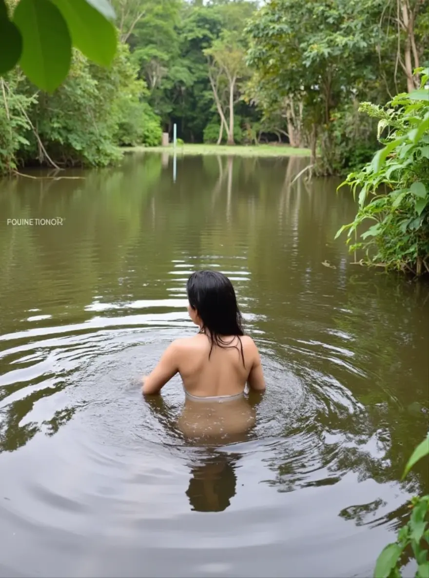 there is a naked woman laying in the water on the beach, nymph in the water, in a river in the jungle, in the water, in water up to her shoulders, in water, body in water, she is walking on a river, in a lake, in a pond, photo from behind, next to a river, near a river, in nature