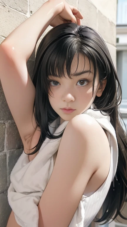very detail, masterpiece, mieruko, miko yotsuya, wearing black tanktop, armpits, armpits visible, dark blue hair, yellow eyes, nipple hard, nipple slip