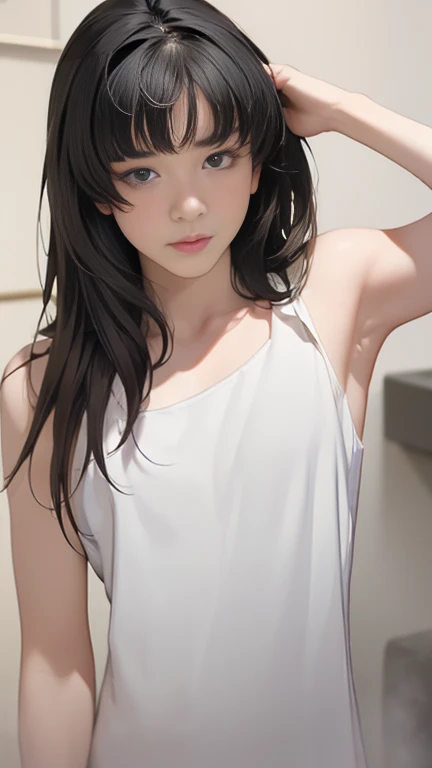 ((masterpiece, best quality)),((highres:1.2)),1 Girl, solo, Cowboy Shot, Blurred Background, ((flat chest:1.2)), Thighs, ((topless:1.2)), pussy, (naked), (((Impossible Pose))),