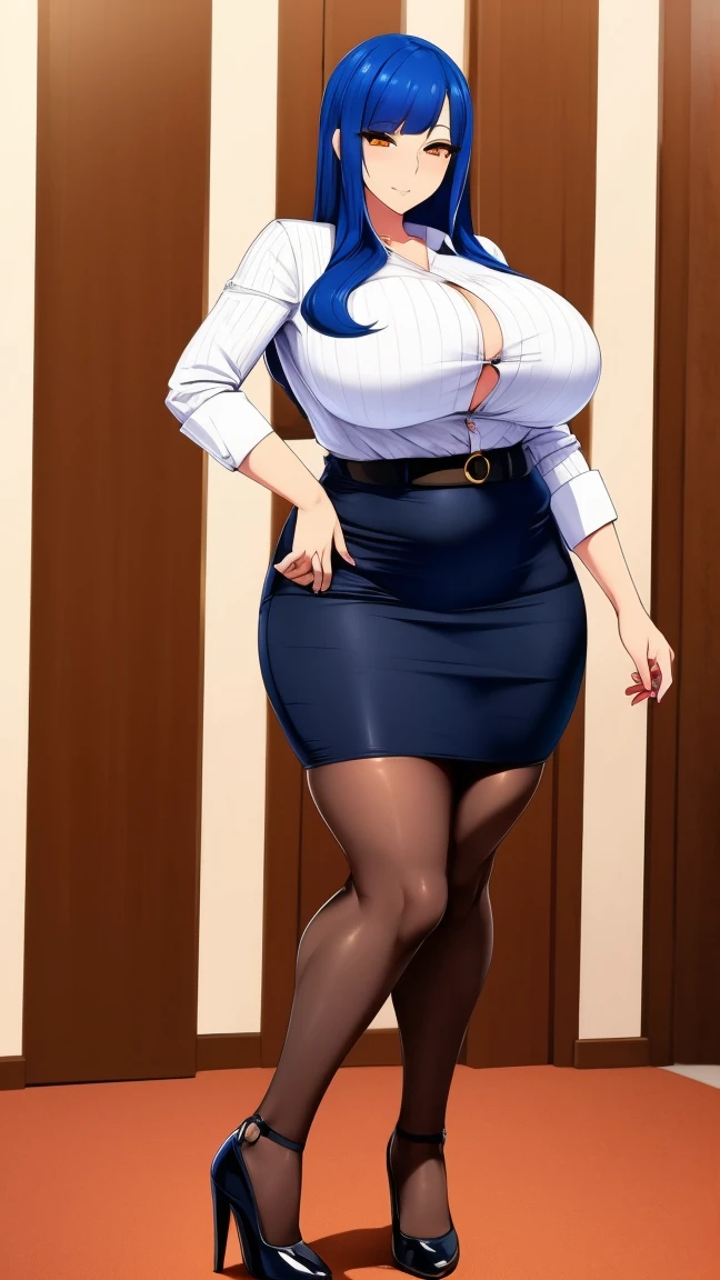 ((high aesthetic)), art by kipteitei, absurdres, absurd resolution, highly rated, highres, art by kipteitei, high resolution, best quality, masterpiece, full body, (facing viewer), 1girl, ((solo)), indoors, clothed, perfect face, perfect eyes, neneneji, tight outfit, smile, natural skin texture, 4k textures, hdr, intricate, highly detailed, puffy lips, thick lips, hyperdetailed, mature female, BoaHancockV2, long hair, black hair, blue eyes, blue dress, jewelry, skinny(small belly, bloated belly), navel