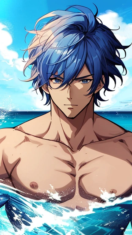 (best quality,4k,8k,highres,masterpiece:1.2),ultra-detailed,realistic,blue eyes,toned abs,full body,jewelry,focus on male,pectoral muscles,solo performance,swimming trunks,bare-chested male