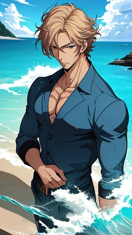 1boy, bikini, Tight muscles, Broad shoulders, Handsome and old, Tiny underwear, Sexy, sex, Guy, Gay, Sea, police jacket, black sunglasses, bright gray hair,