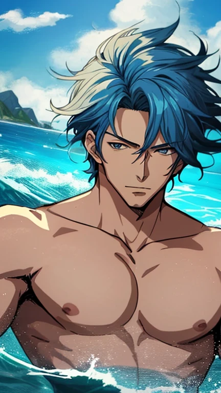 Anime boy in bikini on the beach against the background of the sun, Green long-haired boy, Blue-eyed boy, Swimsuit, garments:Bikini swimwear, Seductive Anime Boy, very detailed Artgerm, realistic bikini, marin kitagawa fanart, ArtGerm. Anime Illustration, Beautiful anime boys, artgerm, Charming anime boys, Blue Bikini, purple bikini, Beautiful anime men, swim wears