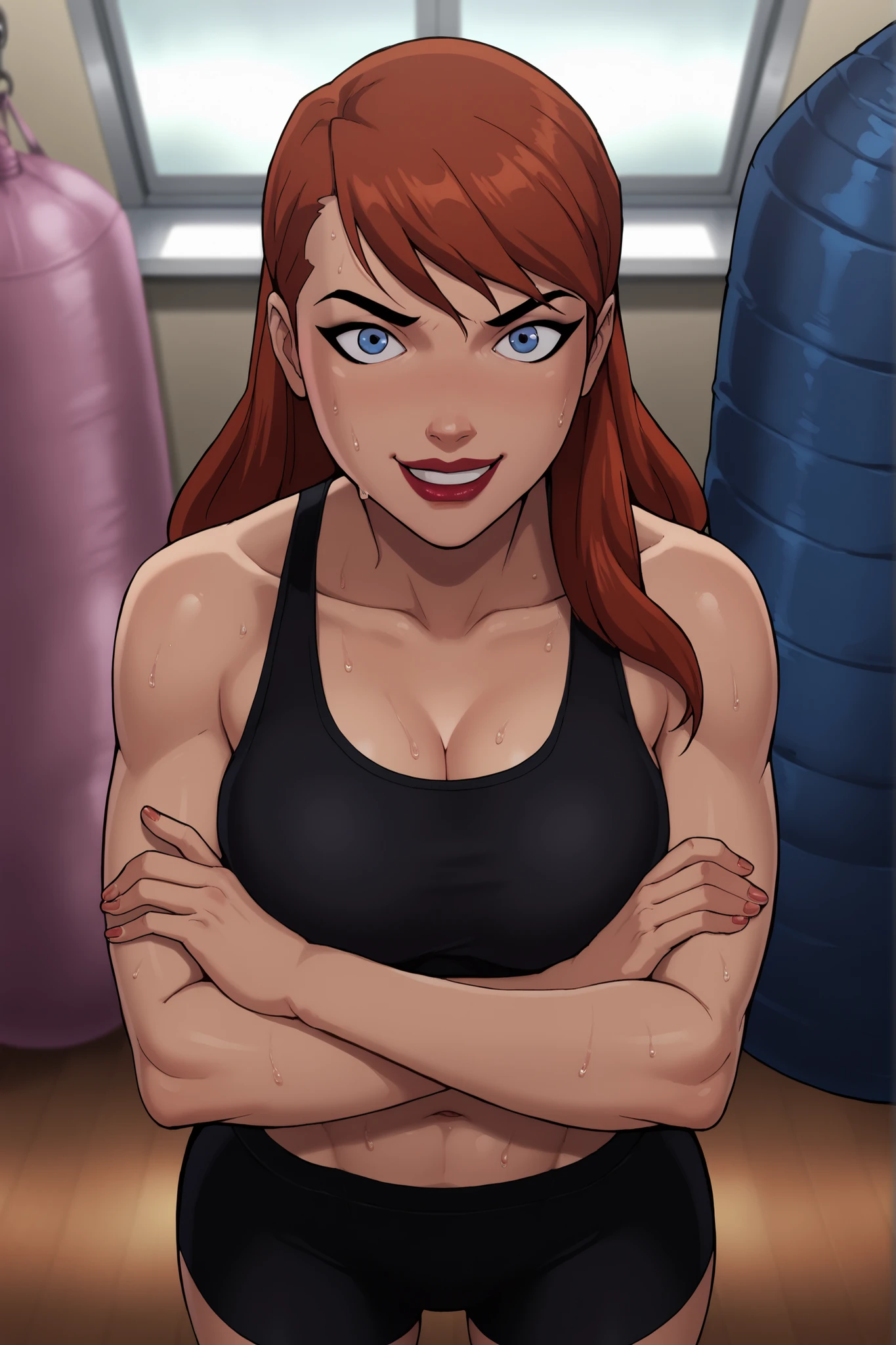 score_9_up, score_8_up, score_7_up, BREAK batgirl, blue eyes, ginger hair, long hair, red lipstick, best quality, high quality, face focus, portrait, large breasts, cleavage, curvy, athletic, smiling, happy expression, standing, looking at viewer, black racerback sports bra, black spandex shorts, indoors, gym, punching bag, arms crossed, crossed arms, high-angle view, sweaty, sweat drops
