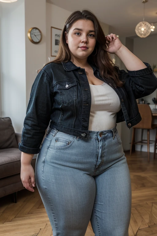,illustration of a woman in clothing store, short buttoned blouse with tight red jeans, love handles, belly skinny:1.3, skin indentation, deep skin, best quality, extremely high resolution, sharp focus, dynamic, inside a clothing store (creativity:1.3), chubby belly bulge, Norman Rockwell style (in the style of robutts) (in the style of cowboy bebop) (character design sheets) bbw