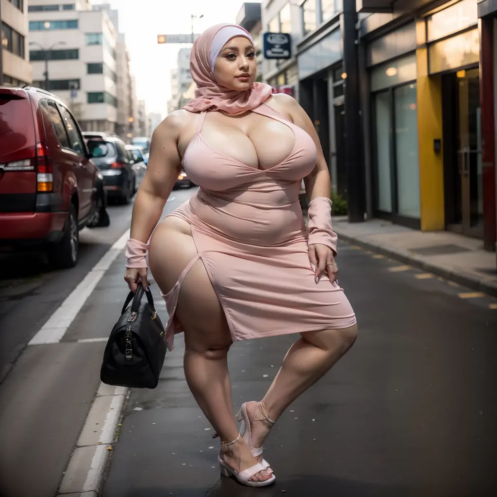 HD picture, 4k quality, araffe hijab woman in a pink dress walking down a street, thicc, curvy hourglass figure, beautiful thick female, curvy model, tight dress, voluptuous body, skintight dress, curvy figure, beautiful curvy female, thick body, bbwchan, voluptuous figure, dressed in a pink dress, widest hips, wide hips
