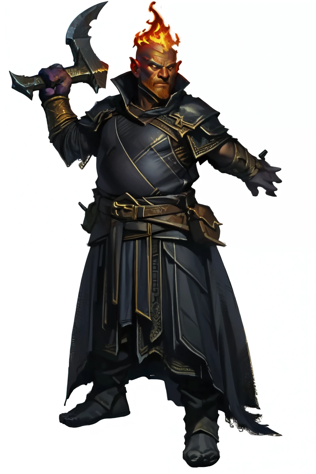 ( full body image , forbidden to cut or not appear from head to toe, formato png , transparent background, white background, dark fantasy theme , RPG) &&&&& (ajoelhado, obra-prima) &&&&& Blacksmith with Flames in his arms.