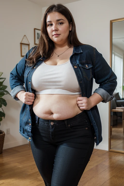 ,illustration of a woman in clothing store, short buttoned blouse with tight red jeans, love handles, belly skinny:1.3, skin indentation, deep skin, best quality, extremely high resolution, sharp focus, dynamic, inside a clothing store (creativity:1.3), chubby belly bulge, Norman Rockwell style