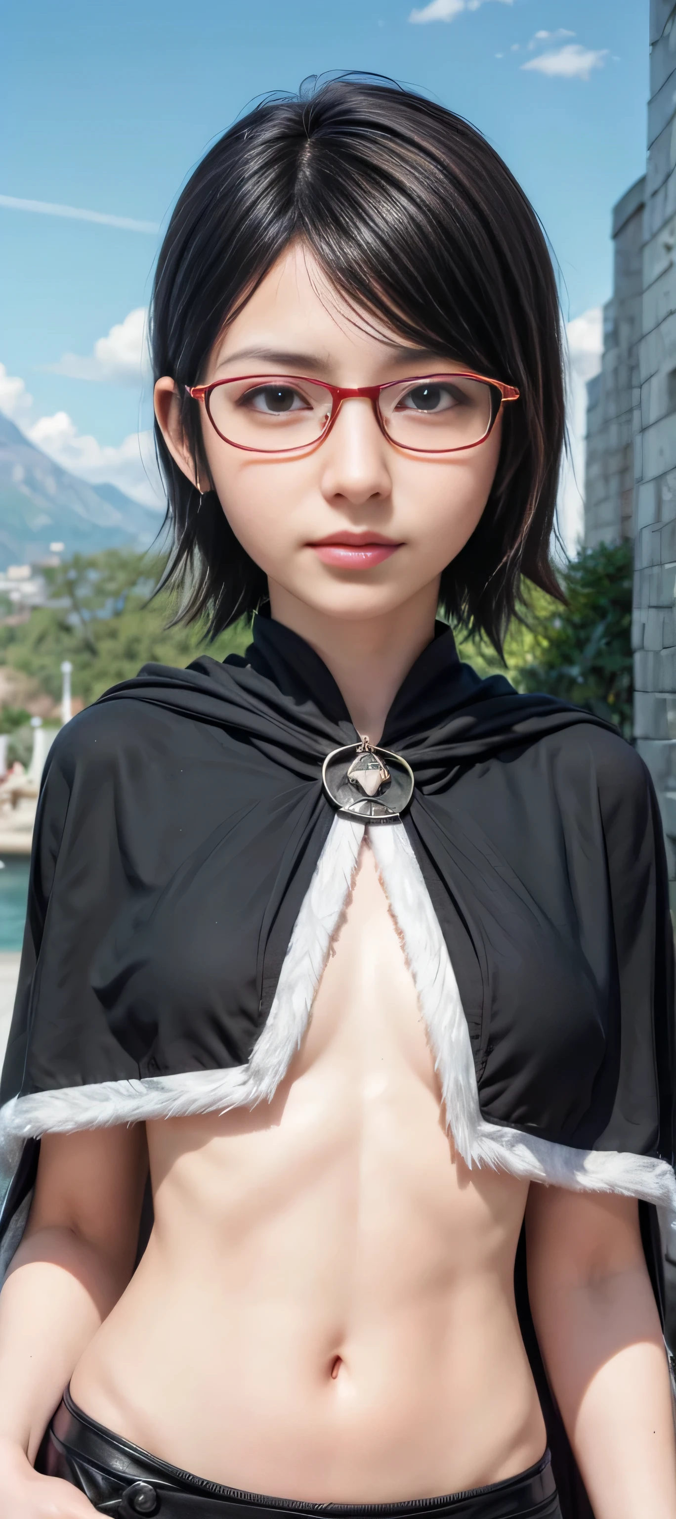 masterpiece, best quality, (realistic,photo-realistic:1.4), (RAW photo:1.2), extremely detailed CG unity 8k wallpaper, delicate and beautiful, amazing,finely detail, official art, absurdres, incredibly absurdres, huge filesize, ultra-detailed,extremely detailed eyes and face,light on face,(smirk),(wearing red framed glasses:1.4),sarada,(black hair:1.4),(short hair:1.4),(mounysin background:1.4),clevage,flat chest,(cloak:1.5),(final fantasy outfit:1.5)