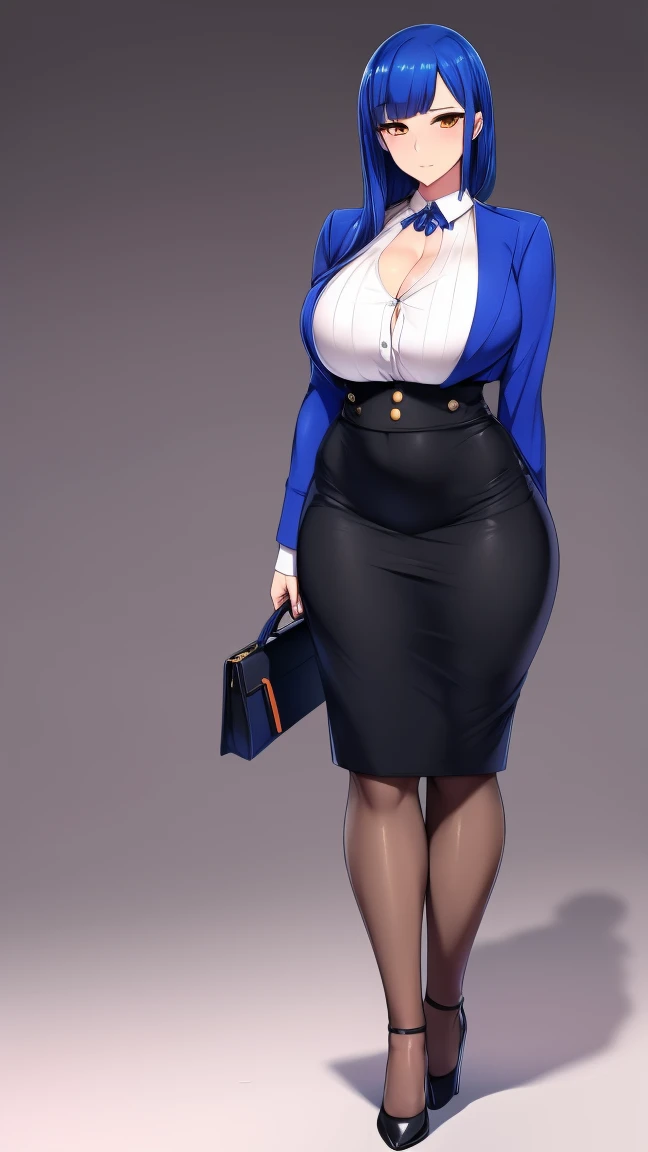(masterpiece, best quality, semirealistic:1.3), Itsuki Shima, mature female, black pantyhose, pencil skirt, high heels, full body shot, short hair, brown hair, bob cut, brown eyes, huge breasts, cleavage, looking at viewer, office lady, formal, suit, skirt suit, jacket, collared shirt, perfect body, perfect eyes, anime eyes, eyeshadow, perfect face, (horny, blush, smirking:1.2), evening park, sunset, bright background, grass, Japanese park background, park lanterns, intricate background, sharp focus, professional artwork, intricate details, (vibrant colors, vivid colors, Diffused lighting:1.1), digital blending, ultra detailed body, ultra detail hair, ultra detail face, trending on pixiv