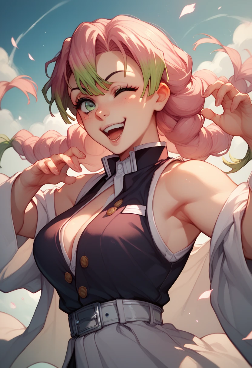 A school uniform with an open chest、Pink and green hair gradient、Mainly pink hair、smile、Mole under both eyes、smile、Braid