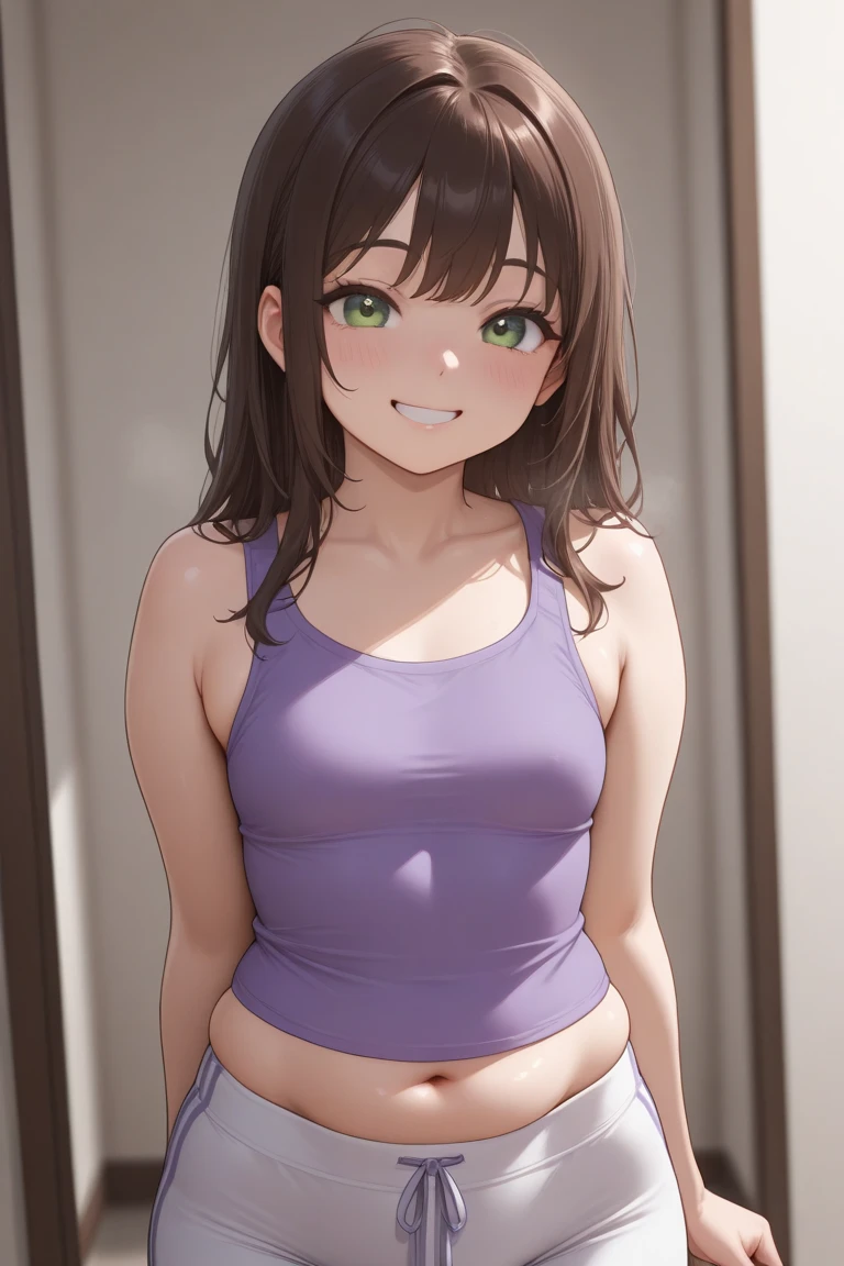 masterpiece, best quality, solo,kunikida hanamaru, blushing , smile , white tank top,tank top is see through and soaked by sweat,navel, brown yoga pants , outdoor, standing 