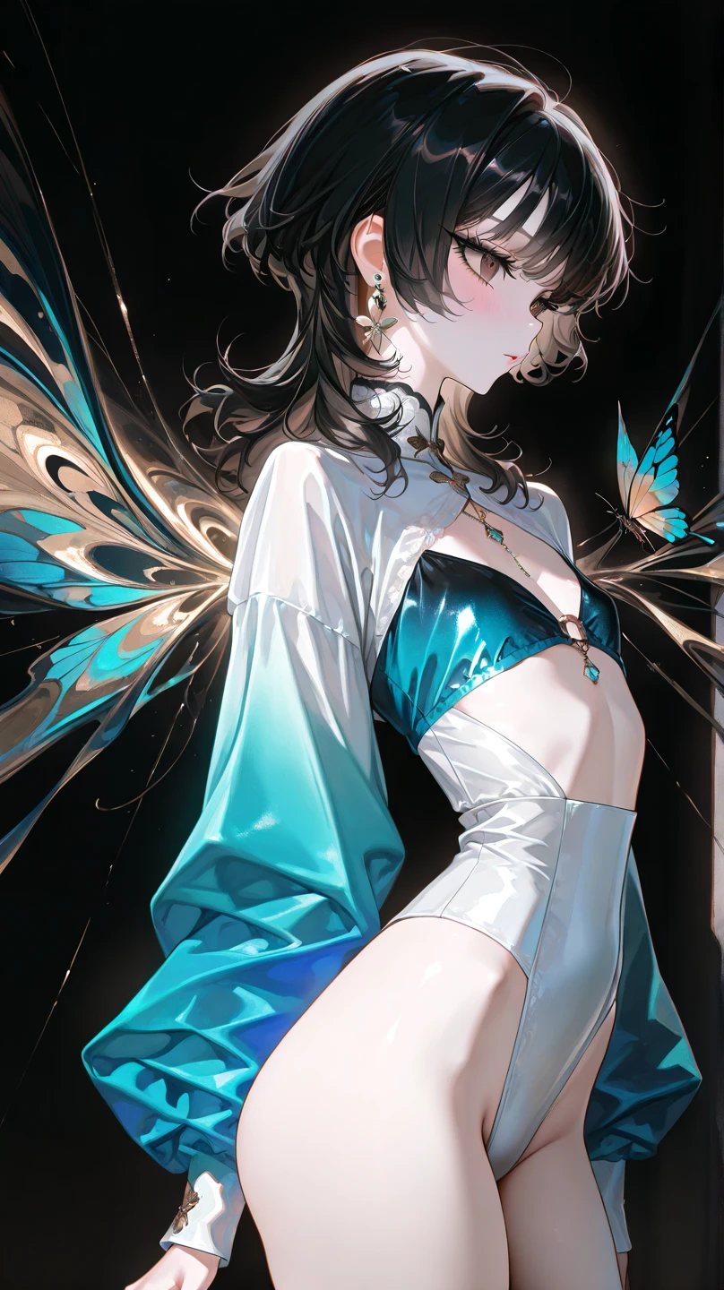 ((masterpiece, highest quality, Highest image quality, High resolution, photorealistic, Raw photo, 8K)), ((Extremely detailed CG unified 8k wallpaper)), A lone blue butterfly fluttering in the starry sky, Huge butterfly wings from the back, (blue glowing wings), Blue wings shining in the dark night, summer dress fluttering,