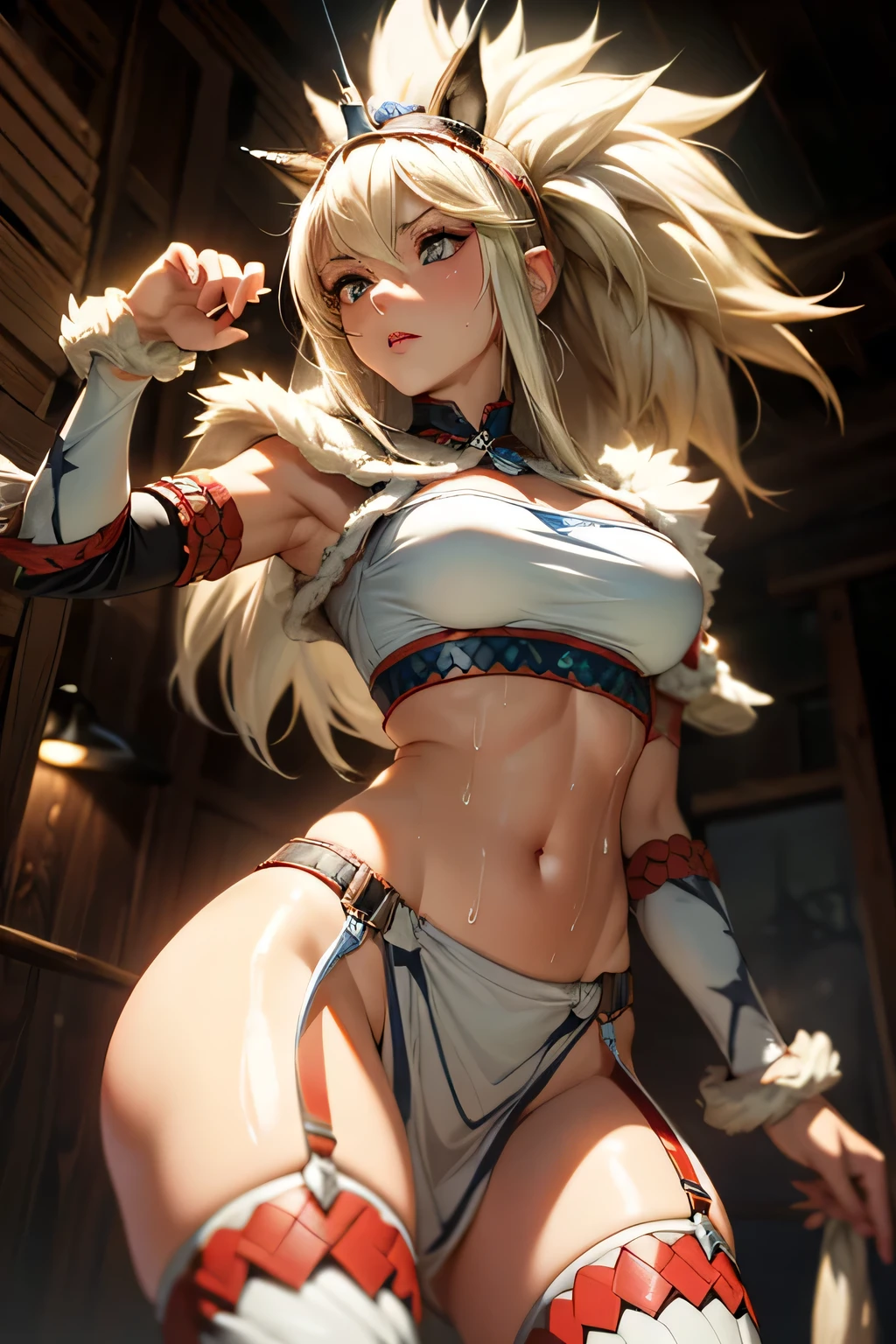 perfect anatomy best quality,highest resolution,(((female shiny top shiny light blond hair shiny skin sweat))) Monster Hunter giraffe equipment cool