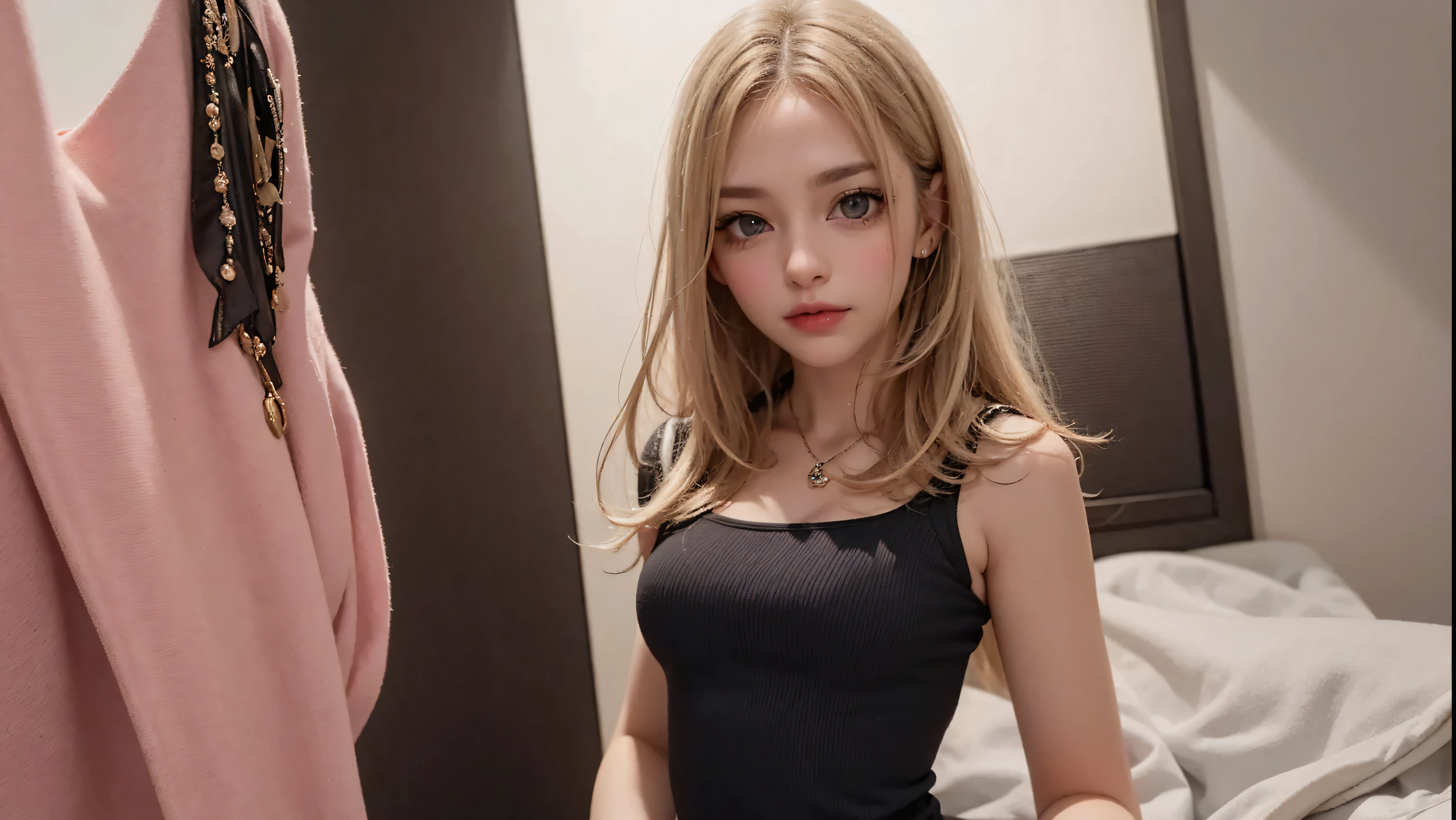 sfw, masterpiece, (best quality:1.2), (sharp focus:1.2),, 1 girl, slim girl,, (blonde|light_yellow hair), detailed face, young|cute face, blush, natural breasts, thin arms, black dress,, in a modern office, indoor