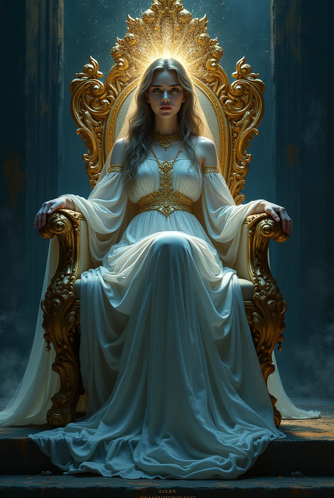 a woman dressed as a sorceress, long white robe. with a setro in her hand, with her crown on her head, perched on a beautiful throne, behind her she has a portal open to another dimension.