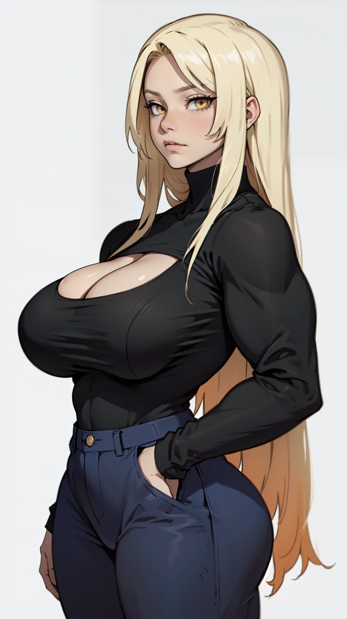girl muscles huge breasts black long hair yellow eyes pale skin thick toned body muscular long sleeve tight shirt solo solo sad sad muscular muscular