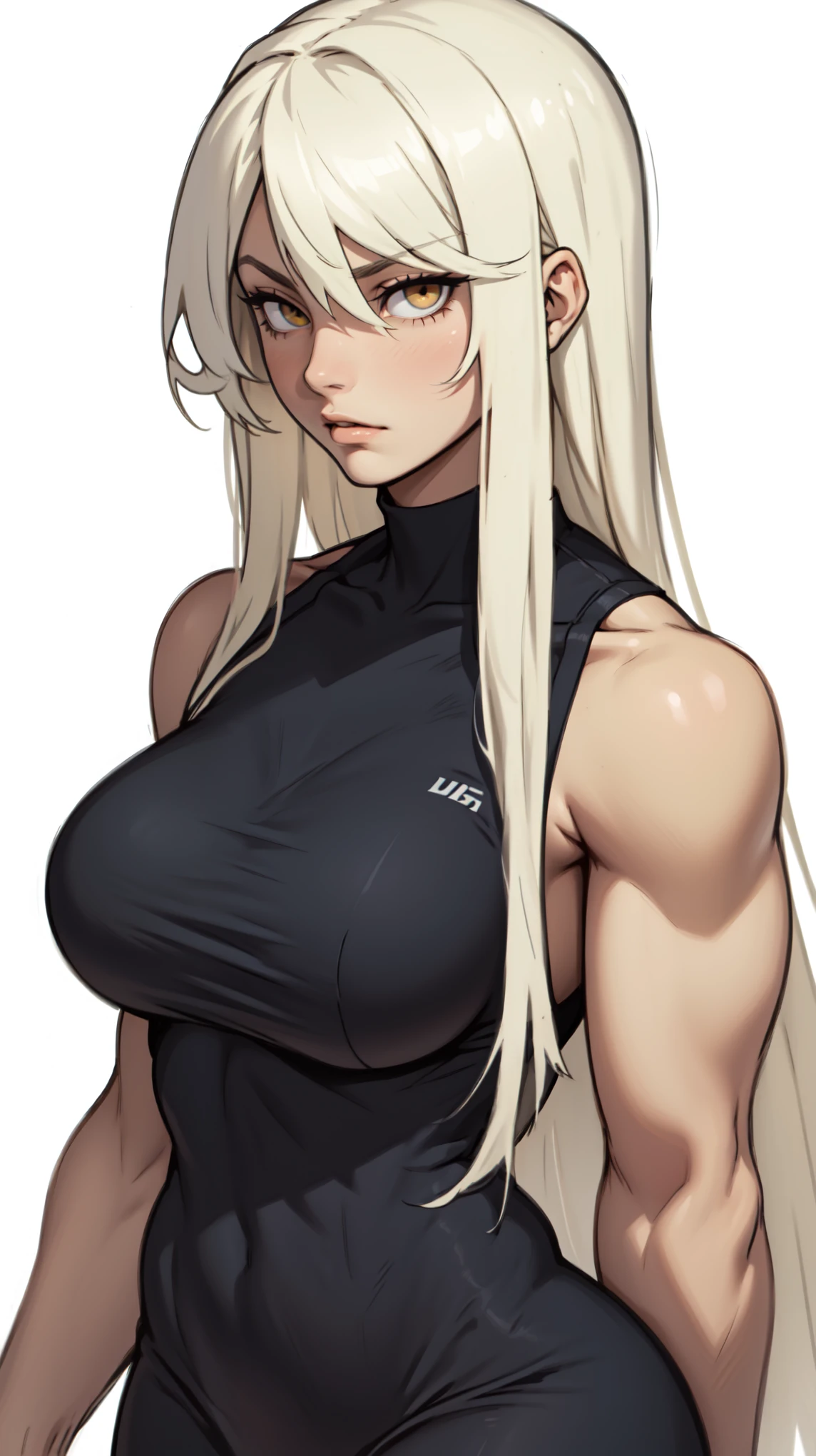 girl (1girl muscular grey background pale skin bodybuilder) toned body huge breasts thin waist black hair yellow eyes straight hair sweaty hair between eyes dark atmosphere