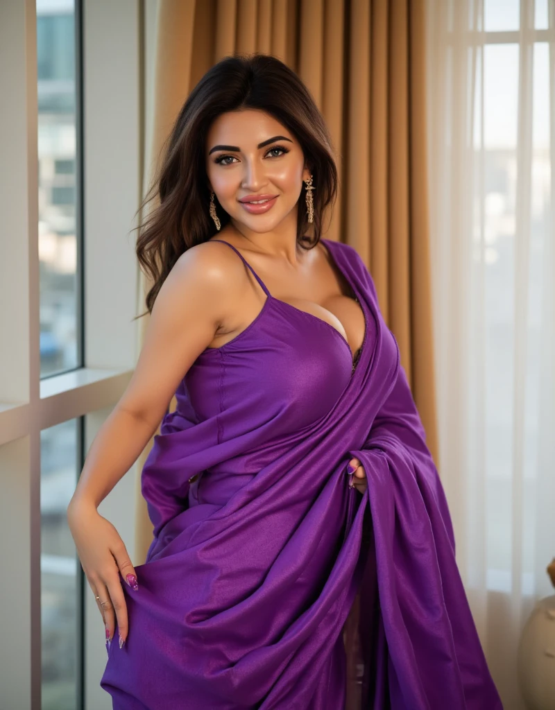 A 50 years old indian woman,looking at viewer,big breasts,sexy figure,big ash,standing side of a bed,wearing full length v neck purple color silk nighty,opening on side of the nighty,bun hair style,glowing skin,day time,shy smile,ultra realistic,8k,detailed clothing,one hand in ash,other hand in back of the neck