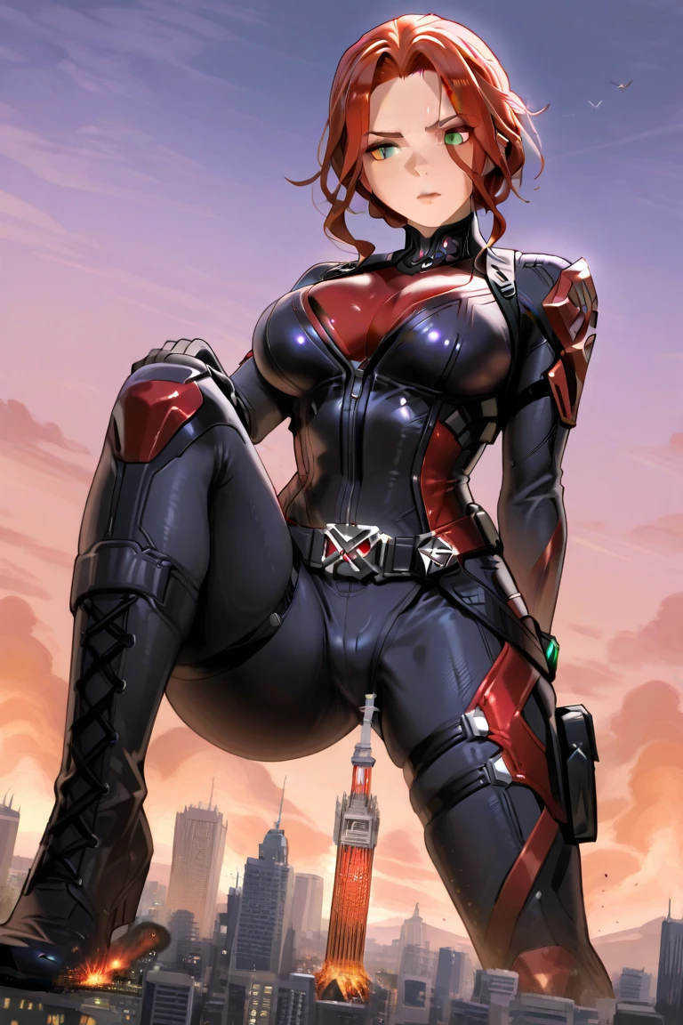 full body standing good face, nice ass, red spiky hair, beautiful woman, wide hips, cleavage, jumpsuit, leotard, heavy boots, apocalypse, muscular, thighs, mature woman, abs, looks at the viewer, lustful smirking smile face red blush