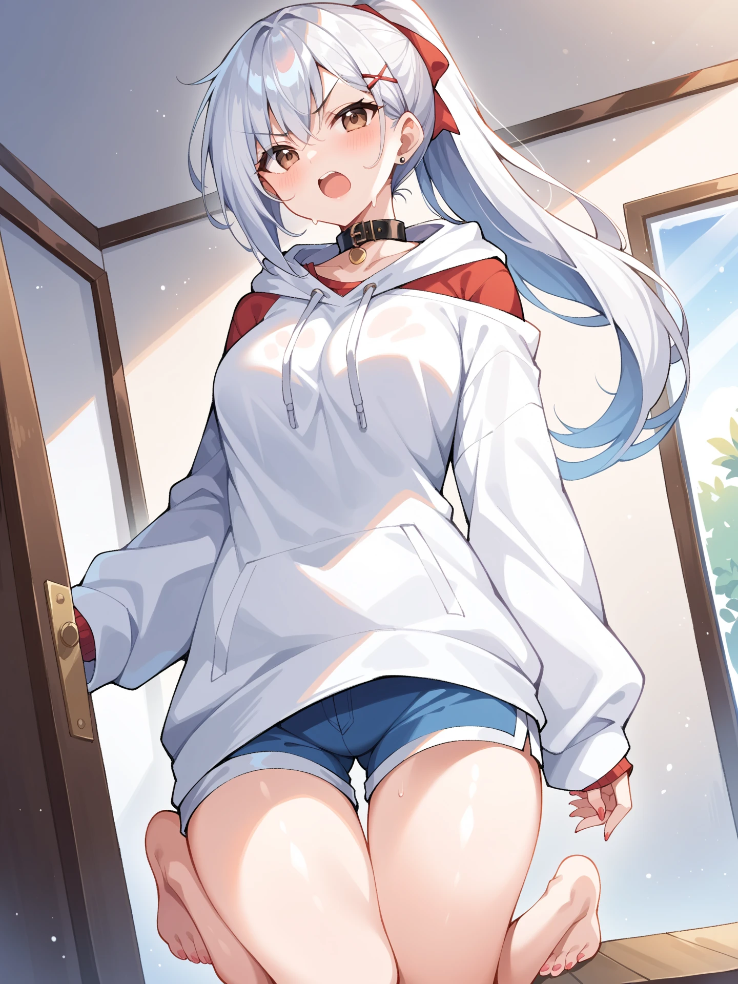 1girl, young , medium breast , green eyes, dark starry print hair, very long hair , hair spread out, wavy hair , hair between eyes, sideburns , gasping, , head_tilt standing , bare legs soles focus, , white long sleeve, sweater , high socks, school bag, extremely quality extremely detailed, illustration, contrapposto, cute anime face cinematic lighting cinematic angle, no_pants, underwear,panties,white_panties