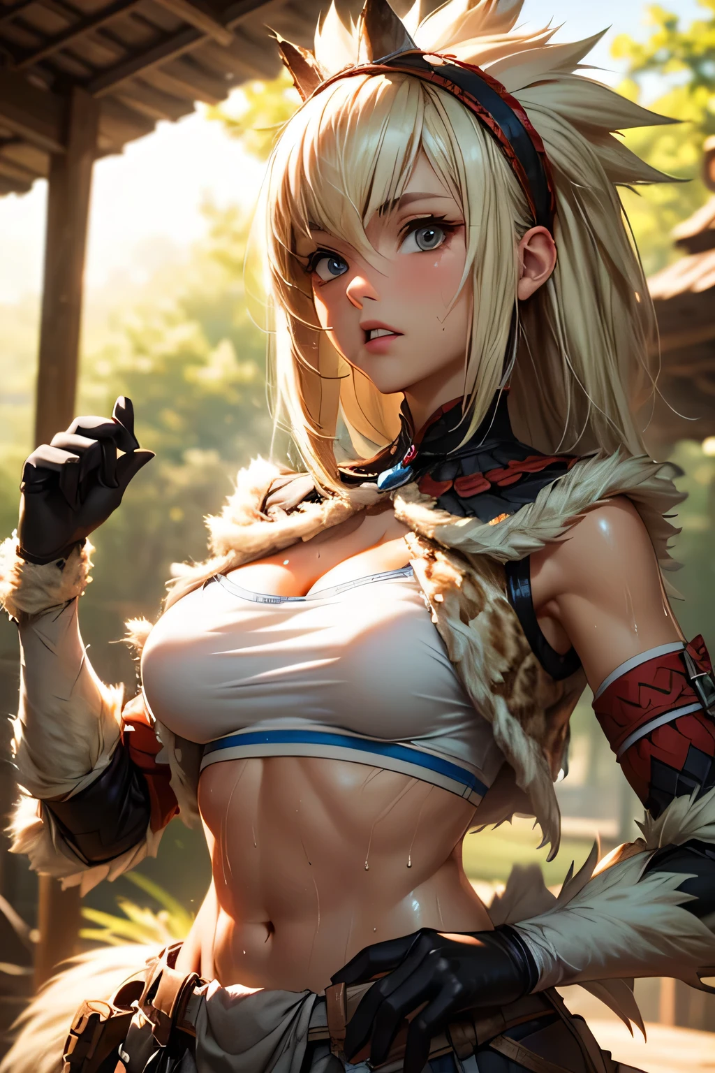 perfect anatomy best quality,highest resolution,(((female shiny top shiny light blond hair shiny skin sweat))) Monster Hunter giraffe equipment cool