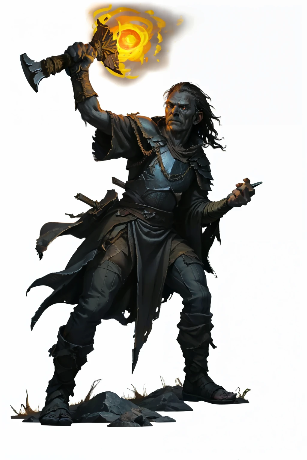 ( full body image , forbidden to cut or not appear from head to toe, formato png , transparent background, white background, dark fantasy theme , RPG) &&&&& (ajoelhado, obra-prima) &&&&& Blacksmith with Flames in his arms, black hair color, old strong old man with arms of elemental powers, And hammer in hand. poderes elementais na mão, e uma bigorna proximo ao pé