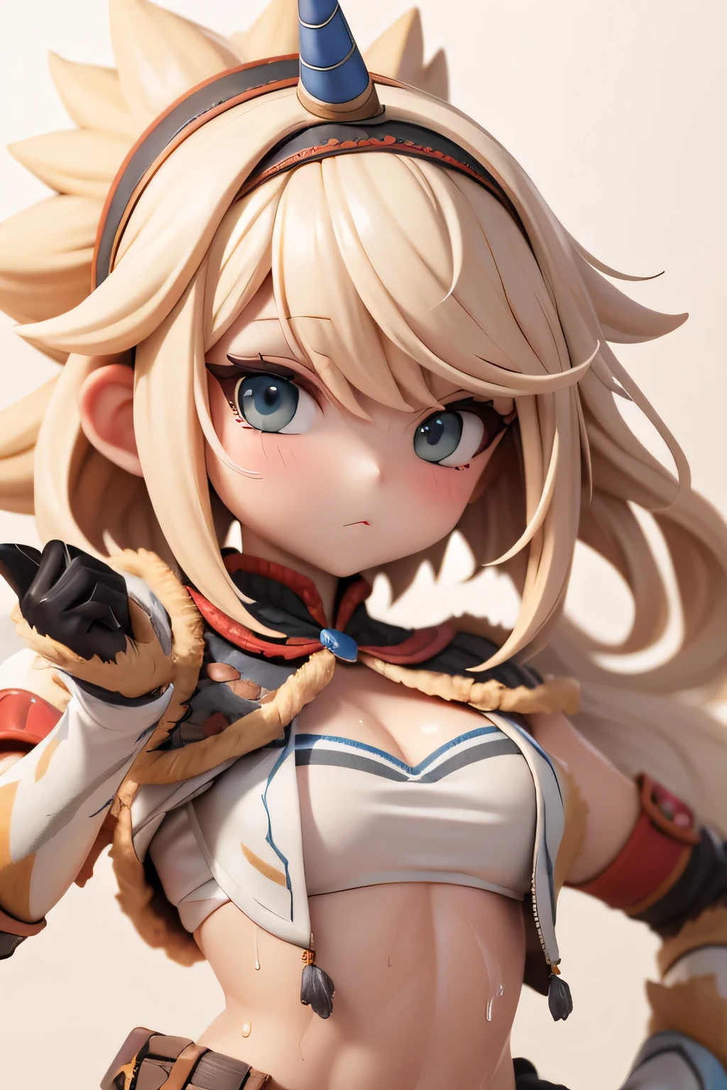 perfect anatomy　best quality,highest resolution,(((female　 shiny top　shiny light blond hair 　shiny skin　sweat)))　Monster Hunter　giraffe equipment　cool