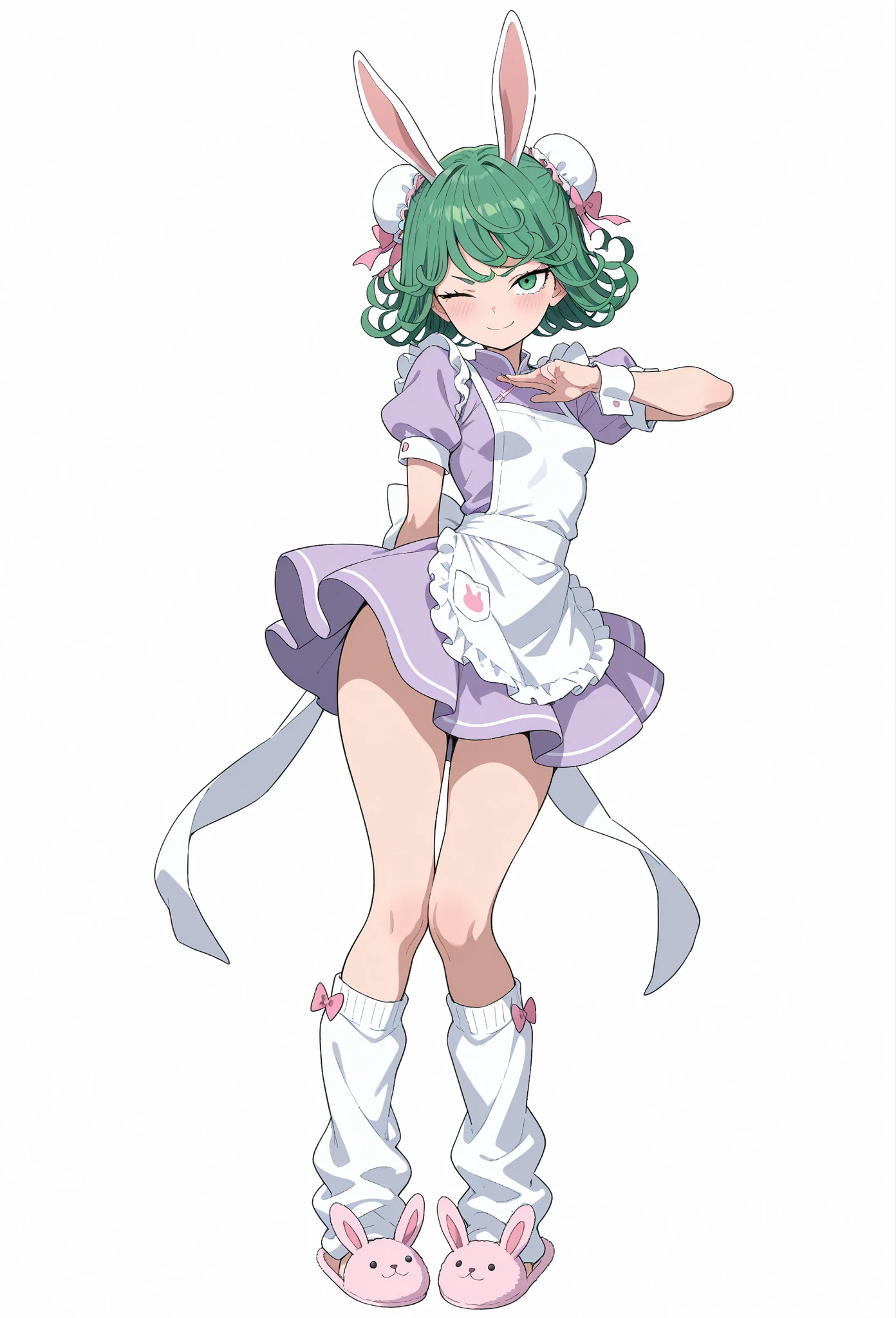1girl, short green hair, yellow eyes, maid outfit, winking, ass, purple underwear, smile, medium breasts