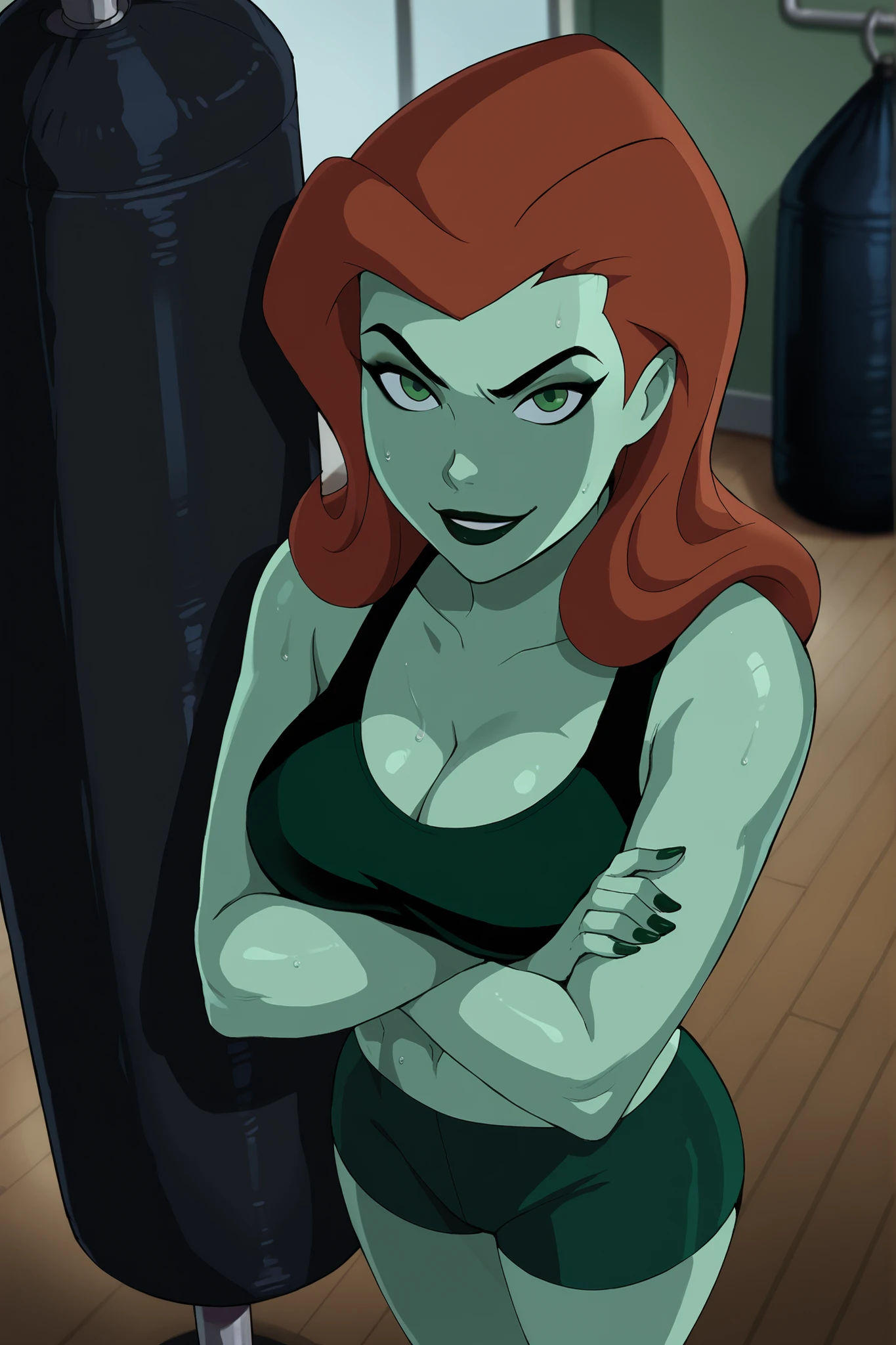score_9_up, score_8_up, score_7_up, BREAK poison ivy, ginger hair, long hair, black eyebrows, makeup, black lipstick, green skin, poison ivy, looking at viewer, portrait, face focus, solo, best quality, high quality, happy expression, smile, closed mouth, arms crossed, crossed arms, green racerback sports bra, green spandex shorts, curvy, athletic, standing, indoors, gym, punching bag, large breasts, cleavage, high-angle view, sweaty, sweat drops