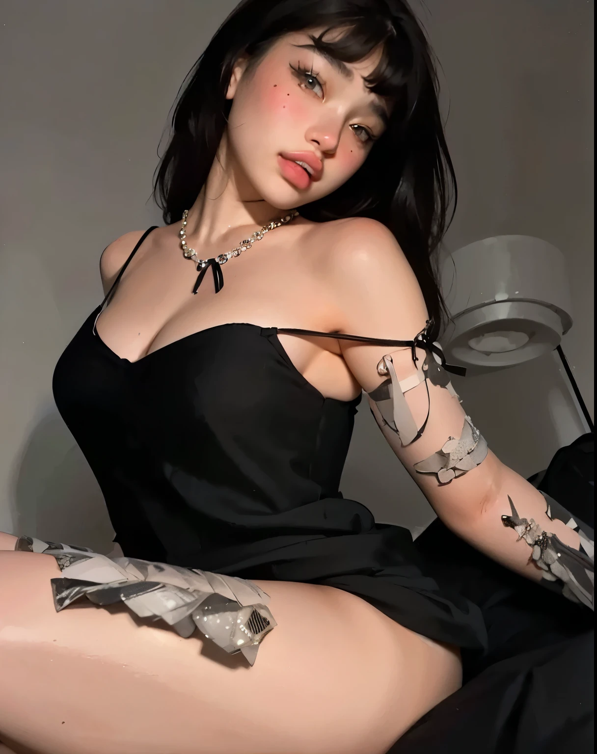 there is a woman sitting on a counter with a rose in her hand, with pale skin, pale goth beauty, young beautiful amouranth, sexy look, lacey, very sexy outfit, sensual gloomy style, very beautiful goth top model, wearing sexy lingerie, kylie jenner, 1 7 - year - old goth girl, sexy outfit, sexy dress, pale fair skin!!