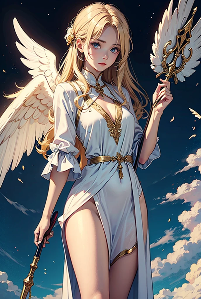 (masterpiece,top quality,high quality)), ((8K wallpaper unified with high definition CG)), (huge stunning goddess shot, jaw dropping beauty, perfect proportions, beautiful body, slim body beauty:1.1), a contemporary religious painting, (((Thirteen angels appear in the pre-dawn sky))), ((beautiful blond hair and thin long robes fluttering:1.4)), (Circle of Angels, angel halo), (rings of light above their heads, large wings of light on their backs:1.5), (each of them holding a weapon in her hand and looking down on the city from above:1.2), ((view from below)),