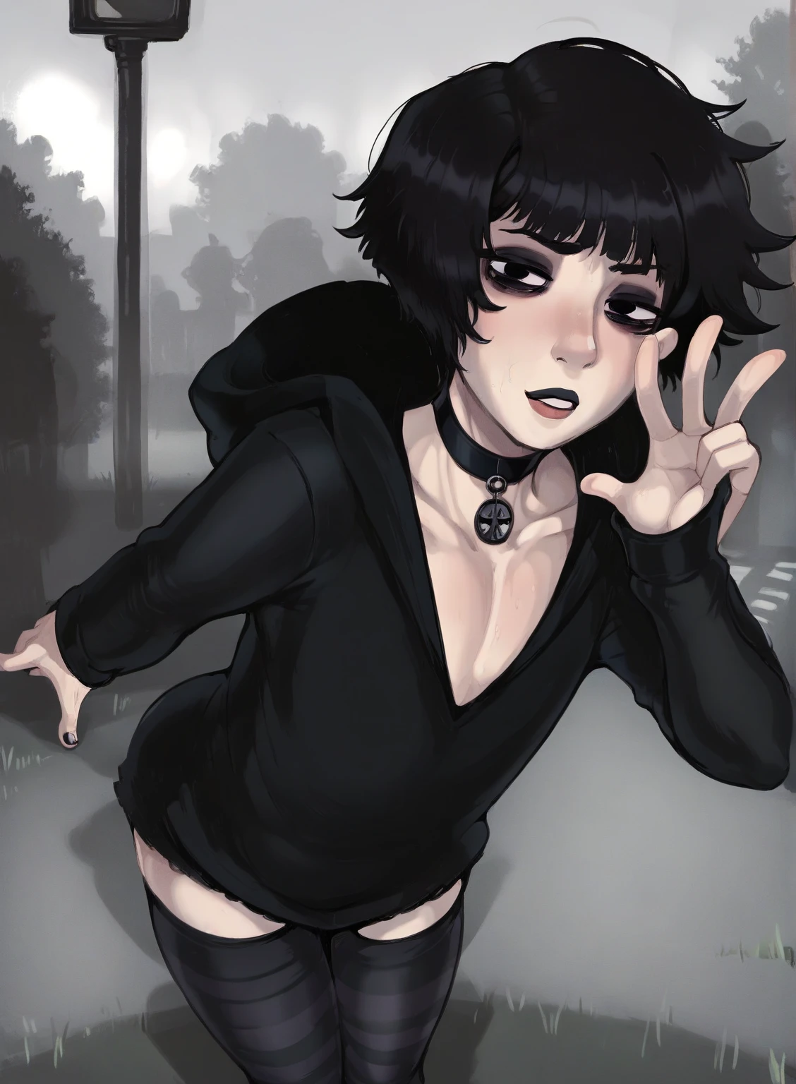 girl, facing the viewer, black and white, messy short hair, glasses, edgy accessories, devil wings, cat tail, collar, nude, naked, nipples, bottomless, small breast size, confident gaze, monochrome color scheme, looking to the side, casual pose,head,((a person)),gamer headset, hairpin, open legs, sweating body, body full of cum, pee, cum on crotch