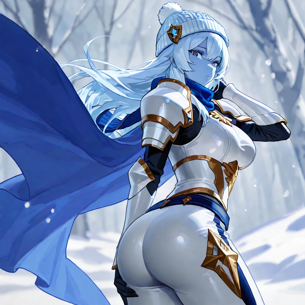 Masterpiece, best quality, 1swan girl, silver armor, perfect body, perfect breasts, straight hair, blue hair, yellow eyes, white leotard, cleavage, groin, pauldrons, shoulder pads, (full gloves, black gloves), (armored gauntlet), (knee boots) (armored boots), tiara, swan capelet, waist cape, snow mountain, day, standing, (full body), smile
