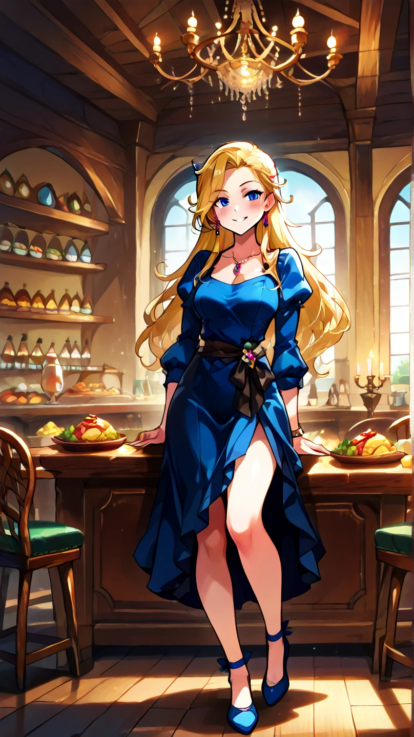 Female BarD rockstar Tiefling with piel rosaDa,geniales cuernos De Tiefling con rayas DoraDas,character of D&D, black hair, blue eyes,  smile,  Perfect Eyes, piel rosaDa,ADulto actress,taberna De fantasía De fonDo, Pechos granDes,  smile, piel rosaDa,linDo, Dark piel rosaDa, A girl, Alone,  miranDo al espectaDor , blush, taberna De fantasía De fonDo,cuerpo De ajuste DelgaDo, gym,  Masterpiece,  Precise,  Alta resolución , PremiaDo muchas veces, Detail, Details altos,ADulto_movie_actress, MeDival Bar MaiD Dress,caDenas DoraDas en sus cuernos,OLDER WOMAN , long hair , Pechos granDes,Capri Cavanni, Capri Cavalli, c4pr1c4v4nn1, blonDe hair, t4v3rn, inDoors, tables, winDow, chanDelier, canDles, fooD,