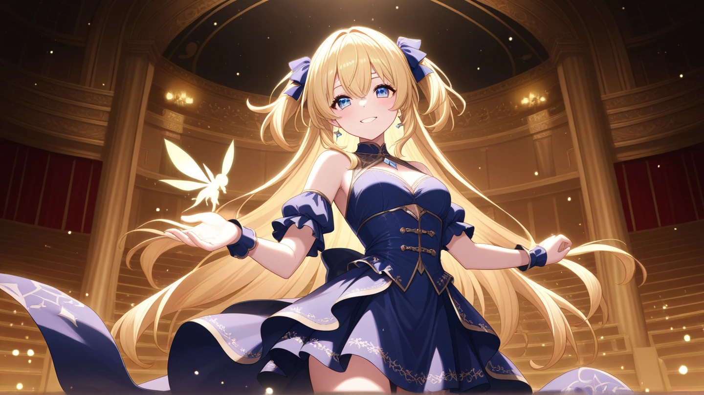 (highest res, distinct_image) Brilliant, Masterpiece, High Detail, Semi-realistic, Dishonored 2, Highest Quality, Full Body Detail, Golden Ratio, (Theater Lighting: 0.7), Masterpiece, High Angle Shot, RAW Photo (Blonde Straight, Pale 25 year old female, looking up at audience), (standing on stage), full body portrait, perfect face, amazing eyes, vivid details, (highly detailed skin), sfw, (blue tint: 0.6), (dirty: 0.8), (blood: 0.7), accent lighting (backlight: 0.5), depth of field, Canon 5D, 50mm lens, f/4 aperture, (super detail), sharp focus, soft colors, 8k, conscious, 8mm film particles, war photography