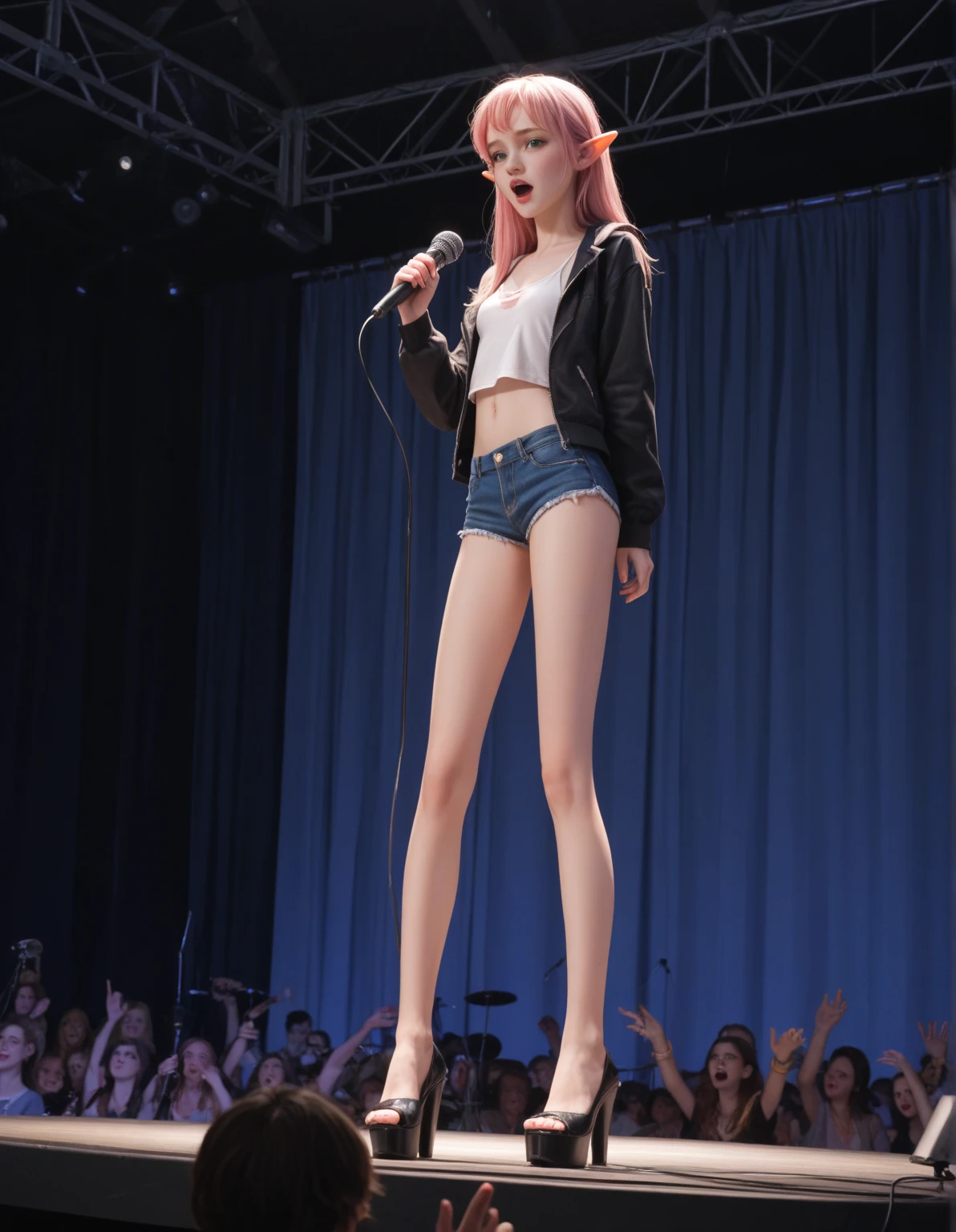 Natalie Portman, stripper, nude, ((pink bob hair)), legs hanging off a vertical pole, facing camera, on stage with lights, smile
