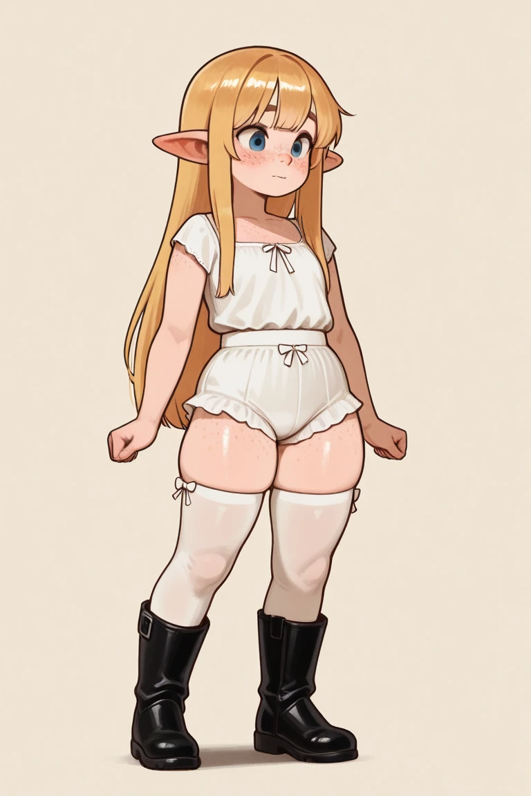 score_9, score_8_up, score_7_up, 1girl, cartoon, flat chest, hair bob, fat, short, adorable, shortstack, pointed ears, blonde hair, blue eyes, black cute shoes, thigh highs, huge hips, shy, milf, medieval dress, pigtails, belly, lalafell